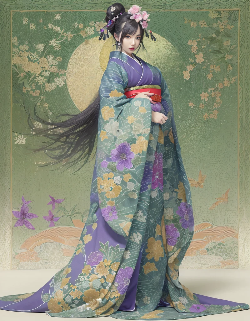 (Beautiful model in Japanese kimono commercial, beautiful straight long black hair), solo, ((face is 80% beauty and elegance, 20% pretty and cute:1.5)), clear eyes, (detailed eyes, light green eyes, bright pupils), Double Eyelids, (sexy lips with a little thickness:1.2), ((super detailed and incredibly high resolution Deep-purple Kimono:1.2)), Highly Detailed Face Texture, striking body shape, curvy and very attractive woman, high-resolution RAW color photo pro photo, BREAK ultra high-resolution textures, High-res body rendering, big eyes, unparalleled masterpiece, incredible high resolution, super detailed, stunning ceramic skin, BREAK ((Facing back to show the pattern of the Kimono:1.5)), ((Wearing a Yohen-Tenmoku kimono that uses a lot of glittering Deep-purple:1.5)), ((The main color is Deep-purple and the Yohen-Tenmoku Kimono has very colorful embroidery:1.2)), (Half-collar and Obi are White) ,(elaborately made classical Japanese Yohen-Tenmoku Kimono), ((The embroidery pattern is a Yohen Tenmoku pattern reminiscent of outer space):1.2), ((elaborately and elegantly decorated Deep-purple Kimono)), (Taken in front of a round fusuma window in a Japanese-style room)) BREAK ((Best Quality, 8k)), Crisp Focus:1.2, (Layer Cut, Big:1.2), (Beautiful Woman with Perfect Figure:1.4), (Beautiful and elegant rear view:1.3), Slender waist, (Correct hand shape:1.5), (Full body shot | cowboy shot)