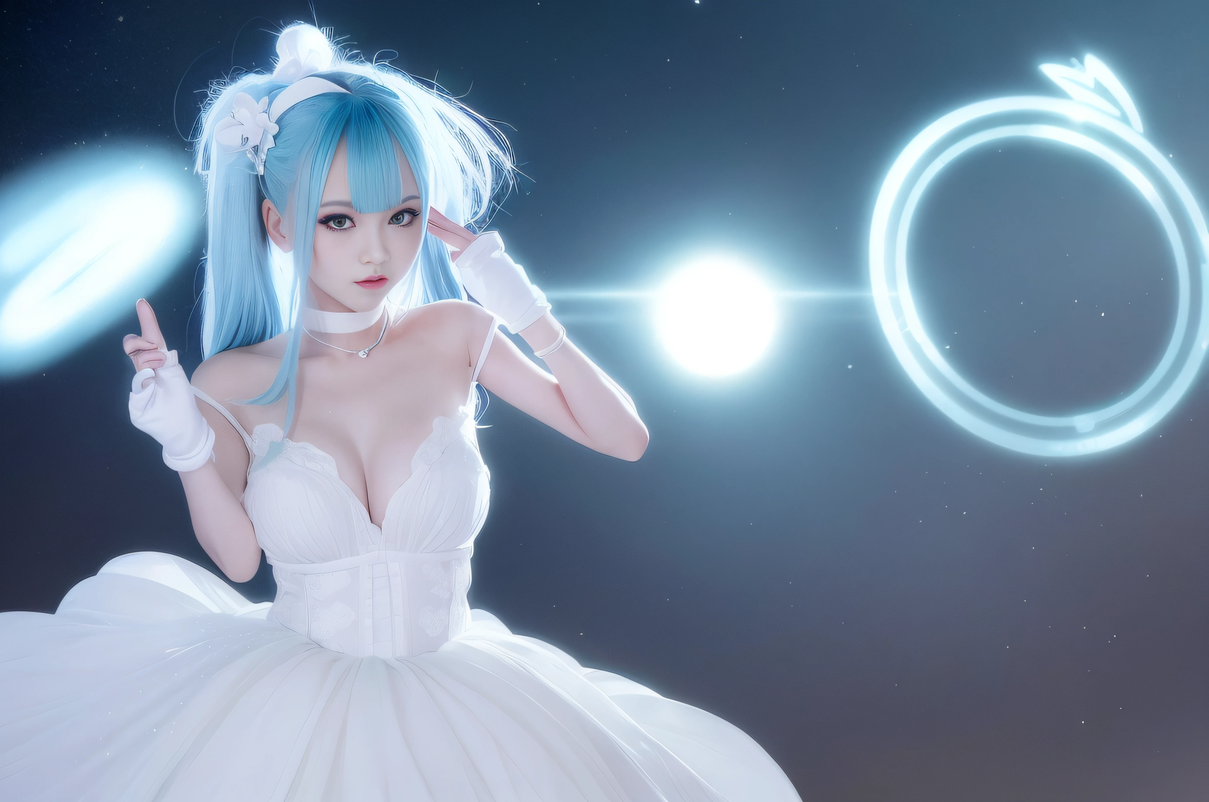 there is a woman with blue hair posing for a picture, kawaii playful pose of a dancer, twintails white_gloves, shikamimi, white bangs, white hair floating in air, icey, taken with canon eos 5 d mark iv, white hime cut hairstyle, hair whitebangs hair, photo from a promo shoot, taken with canon eos 5 d