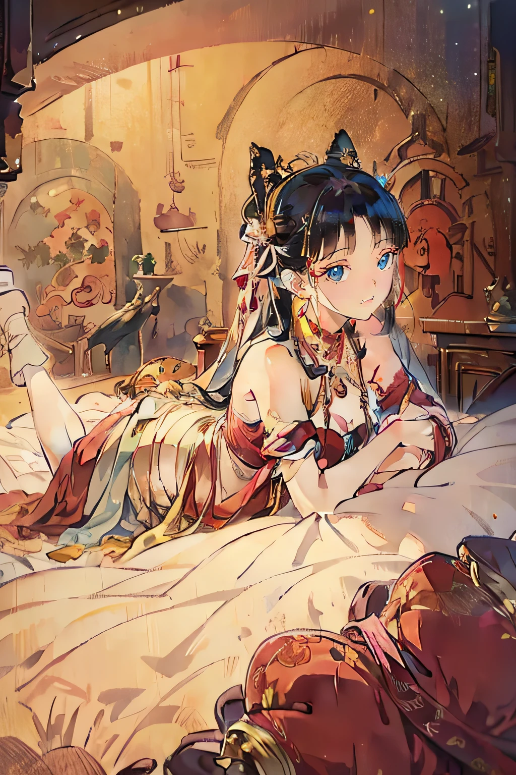 Five months pregnant,Lie down in bed,Antique scene,Overlooking
