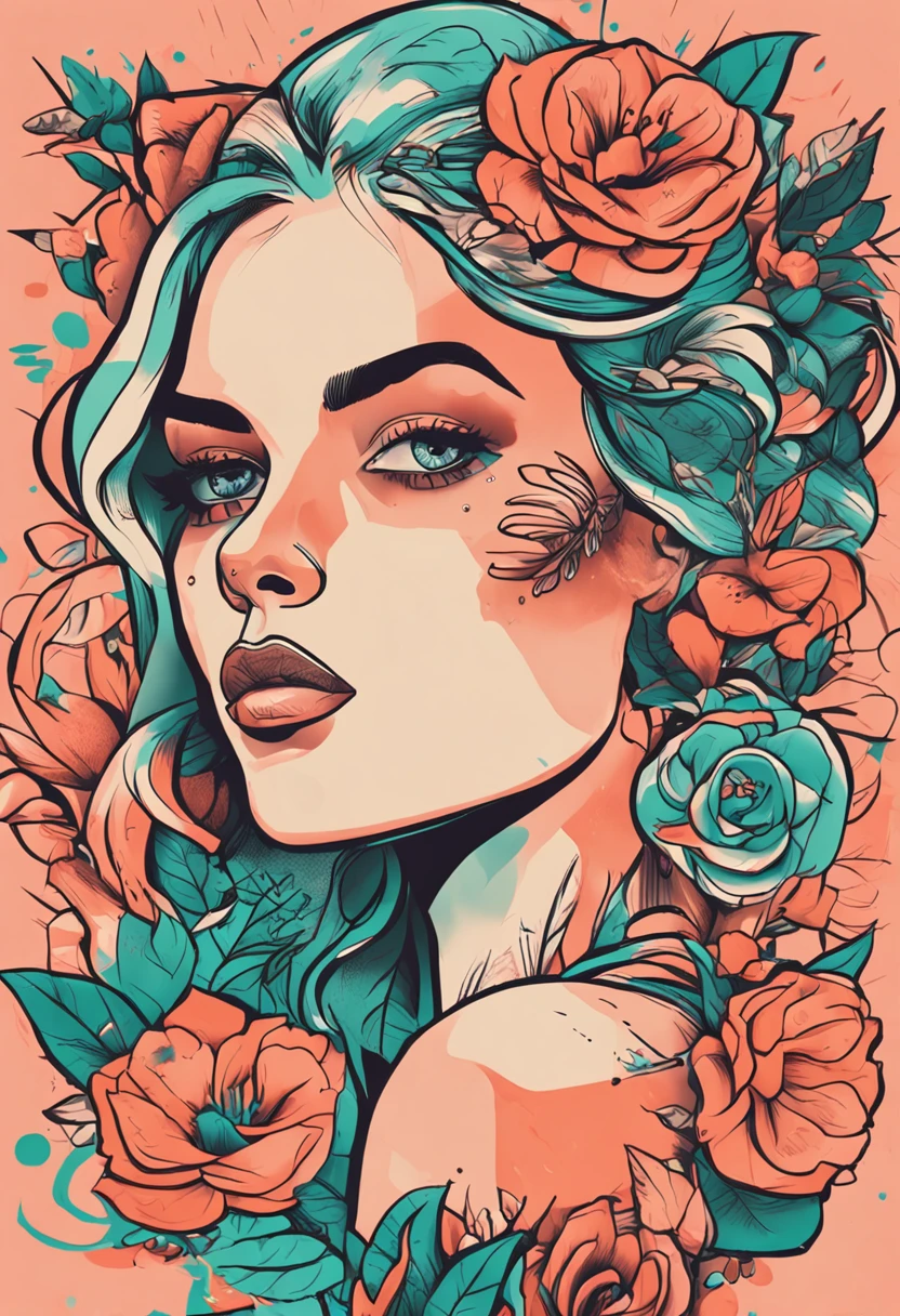 Women with peach tattoos,Glamorous,Ultra HD 4K,Flat art style,، simple