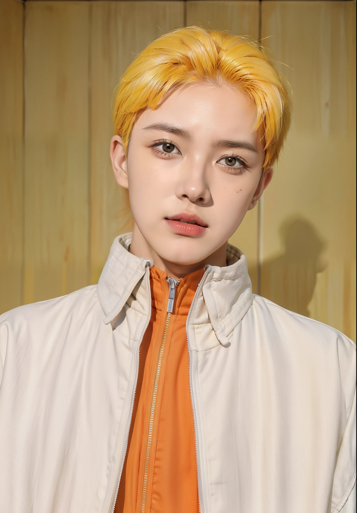 Real life adaption of this character,realistic detail yellow messy hairstyle,wearing realistic orange sport jacket with Zipper and wearing realistic white thin cloak with collar,((handsome Korean teen face)),hyper realistic,realism,realistic light,realistic shadow,(photorealistic:1.2)