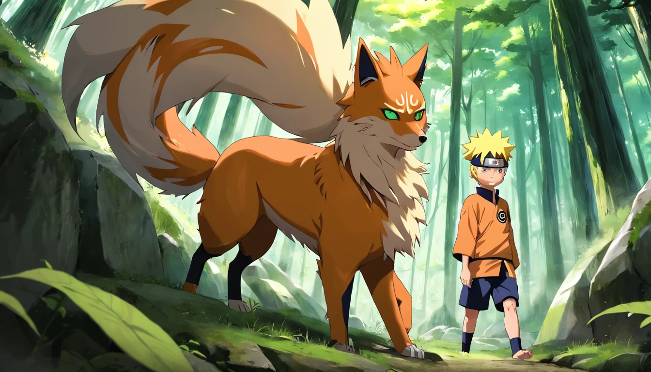 "Naruto Uzumaki training with Kurama, the Nine-Tailed Fox, in a lush green forest among ancient ruins."