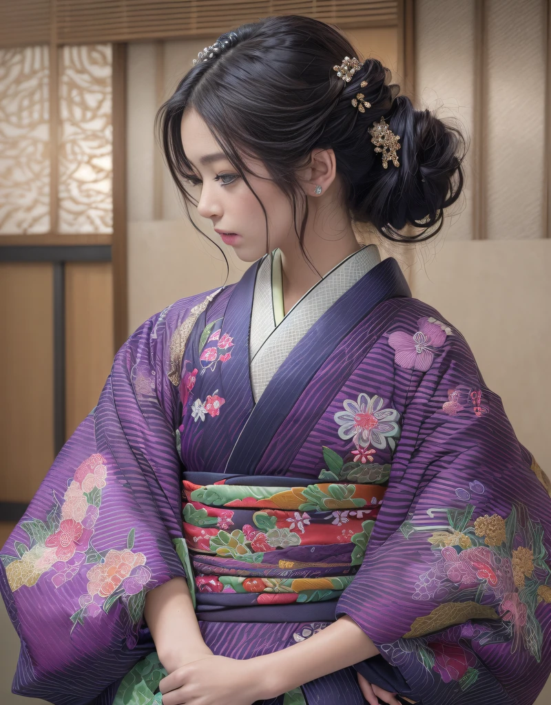 (Beautiful model in Japanese kimono commercial, beautiful straight long black hair), solo, ((face is 80% beauty and elegance, 20% pretty and cute:1.5)), clear eyes, (detailed eyes, light green eyes, bright pupils), Double Eyelids, (sexy lips with a little thickness:1.2), ((super detailed and incredibly high resolution Deep-purple Kimono:1.2)), Highly Detailed Face Texture, striking body shape, curvy and very attractive woman, high-resolution RAW color photo pro photo, BREAK ultra high-resolution textures, High-res body rendering, big eyes, unparalleled masterpiece, incredible high resolution, super detailed, stunning ceramic skin, BREAK ((Facing back to show the pattern of the Kimono:1.5)), ((Wearing a Yohen-Tenmoku kimono that uses a lot of glittering Deep-purple:1.5)), ((The main color is Deep-purple and the Yohen-Tenmoku Kimono has very colorful embroidery:1.2)), (Half-collar and Obi are White) ,(elaborately made classical Japanese Yohen-Tenmoku Kimono), ((The embroidery pattern is a Yohen Tenmoku pattern reminiscent of outer space):1.2), ((elaborately and elegantly decorated Deep-purple Kimono)), (Taken in front of a round fusuma window in a Japanese-style room)) BREAK ((Best Quality, 8k)), Crisp Focus:1.2, (Layer Cut, Big:1.2), (Beautiful Woman with Perfect Figure:1.4), (Beautiful and elegant rear view:1.3), Slender waist, (Correct hand shape:1.5), (Full body shot | cowboy shot)