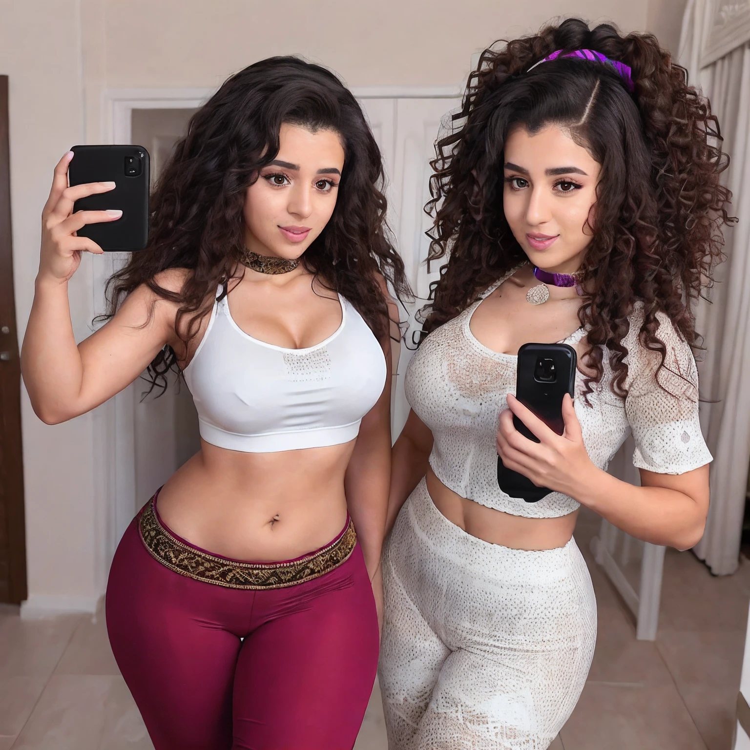 curly haired female twitchstreamers,  messy side bun, Arabic , wearing traditional palestenian dress, wearing choker, cleavage, low cinematic lighting, full body selfie, white clothing, defined tight abs, high waisted clothing, over the knees socks, fishnet, has colorful strands in her hair, various facial expressions