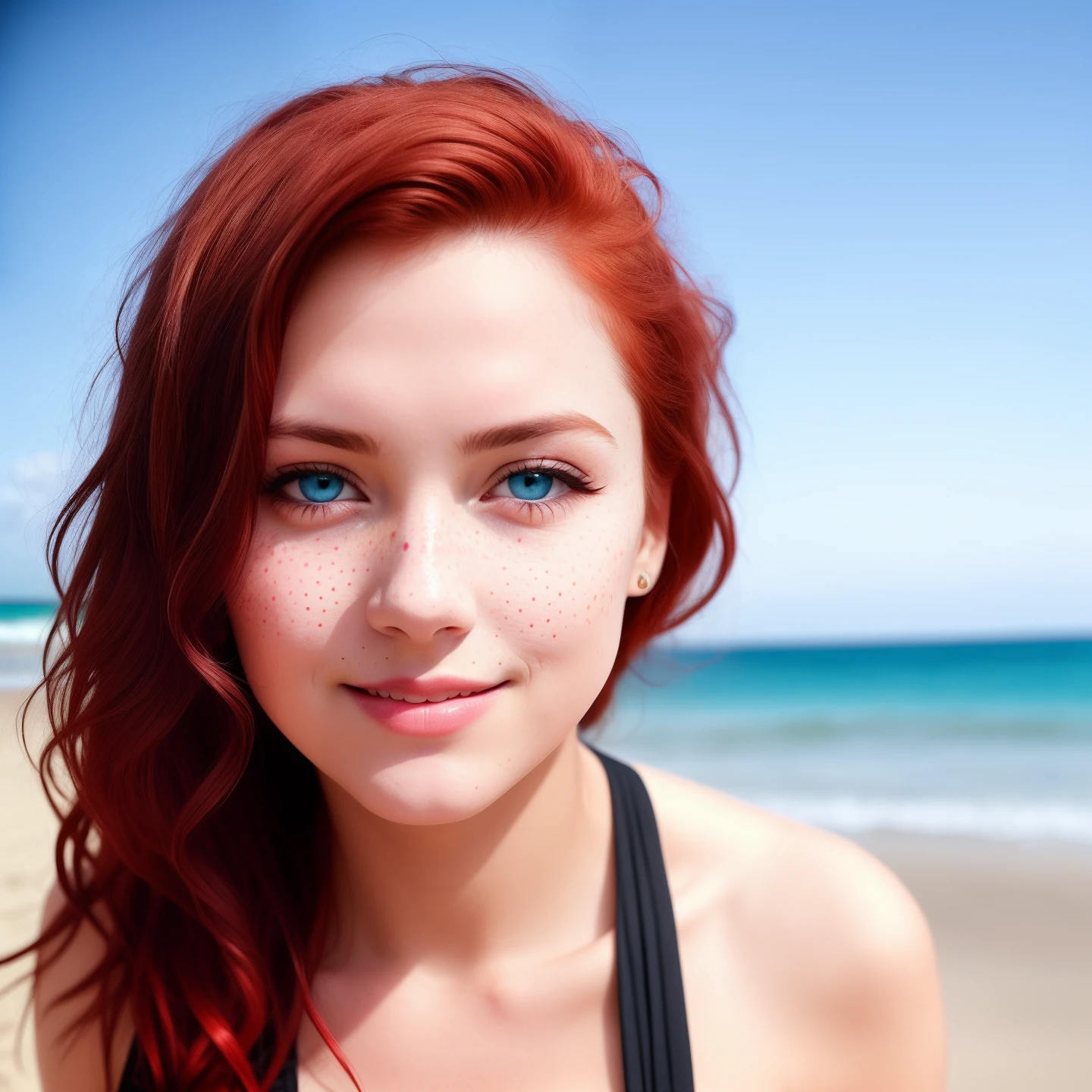 Pale blue eyes, fiery red hair. Pale skin with plenty of cute little freckles dotted over her face. There were dark shadows under her eyes, a sign of how little sleep she’d been getting recently. Hypnosis, submission, obedient, mind control, see through lingerie, enslaved, on arms and knees, beach, looking at viewer, closed mouth smile, mind control, full body