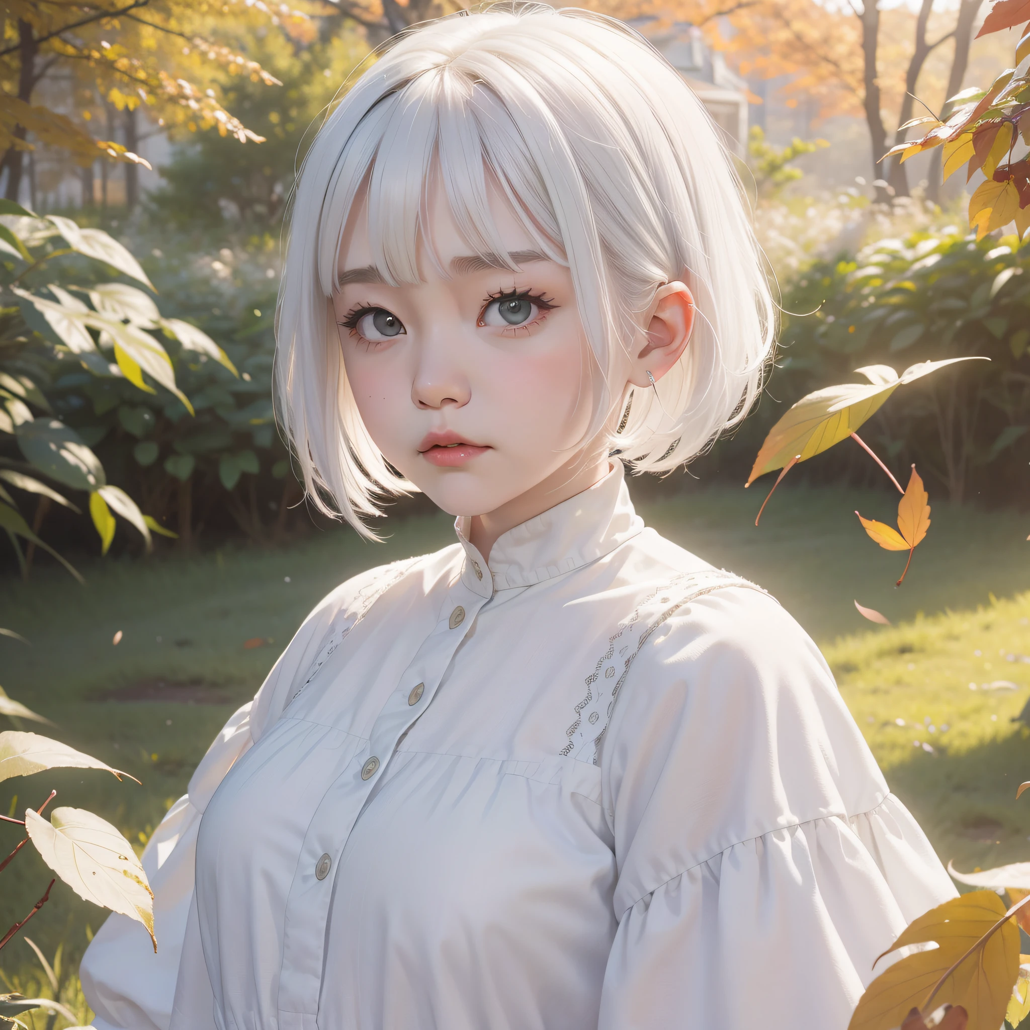 Little fat girl、white  hair、short-haired、Annoying face、White Dress、Meadow of autumn leaves、Grumpy face