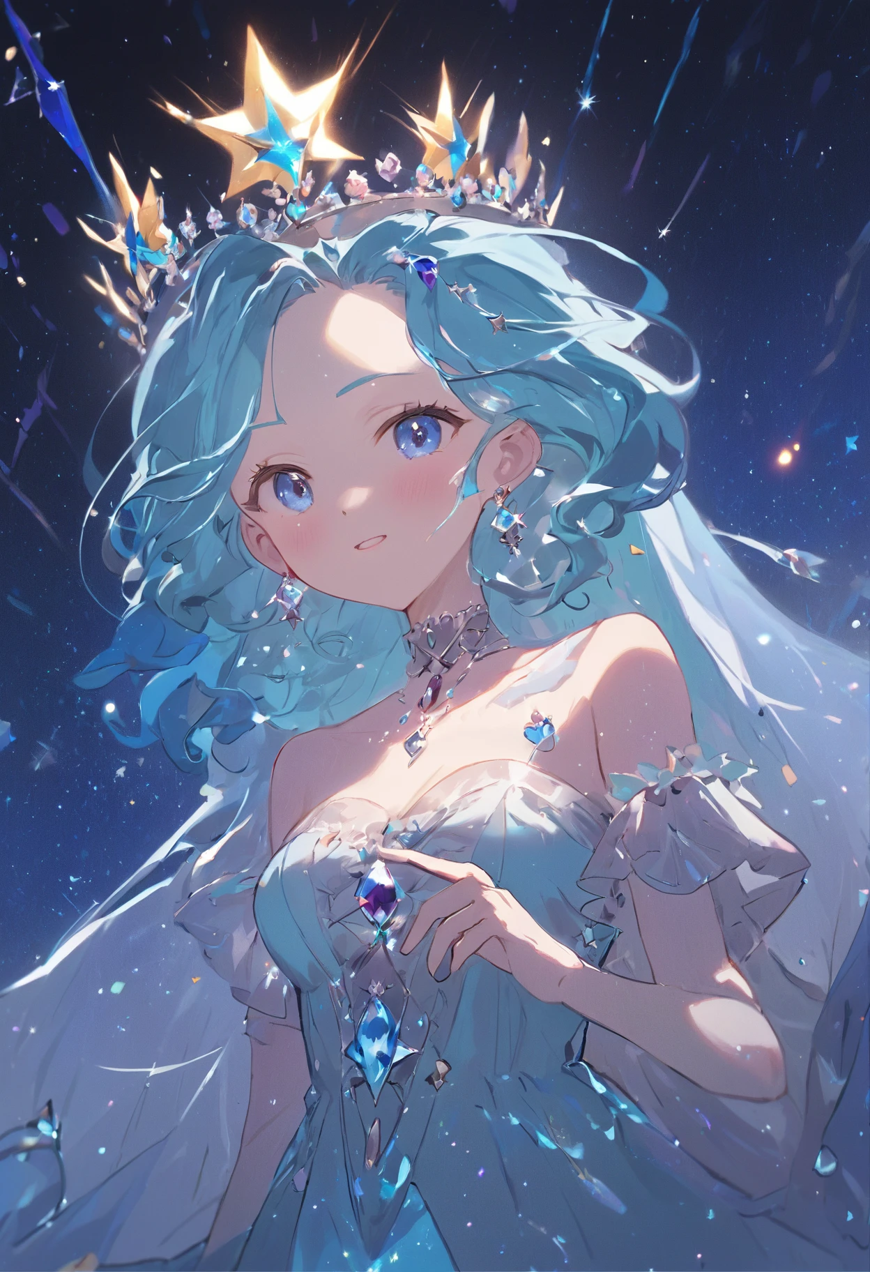 A queen, Deep blue bright starry sky, Meteors flew by, mature, hair strand, hair over one eye, tiara, crown, forehead jewel, heart-shaped pupils, mole under eye, aqua eyes, sparkling eyes, colored eyelashes, crystal earrings, heart earrings, frown, mouth hold, seductive smile, heavy breathing, torogao, gloom (expression), high detail, rococo style, Conceptual art, anime style, sparkle, drop shadow, silhouette, depth of field, cinematic lighting, feet out of frame, bust chart, from above, reference sheet, first-person view, from side, UHD, 16k, highres, textured skin, anatomically correct, masterpiece