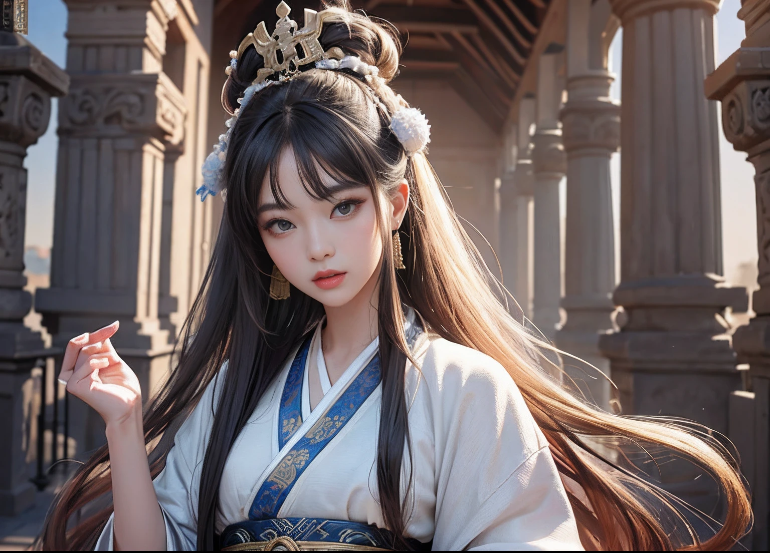 8K，tmasterpiece，Ultra-fine of the highest quality
Photo realism，Ancient Style Girl，a ball head，Hanfu，Bust photo，photographrealistic，Gorgeously dressed，Antique architecture，long whitr hair