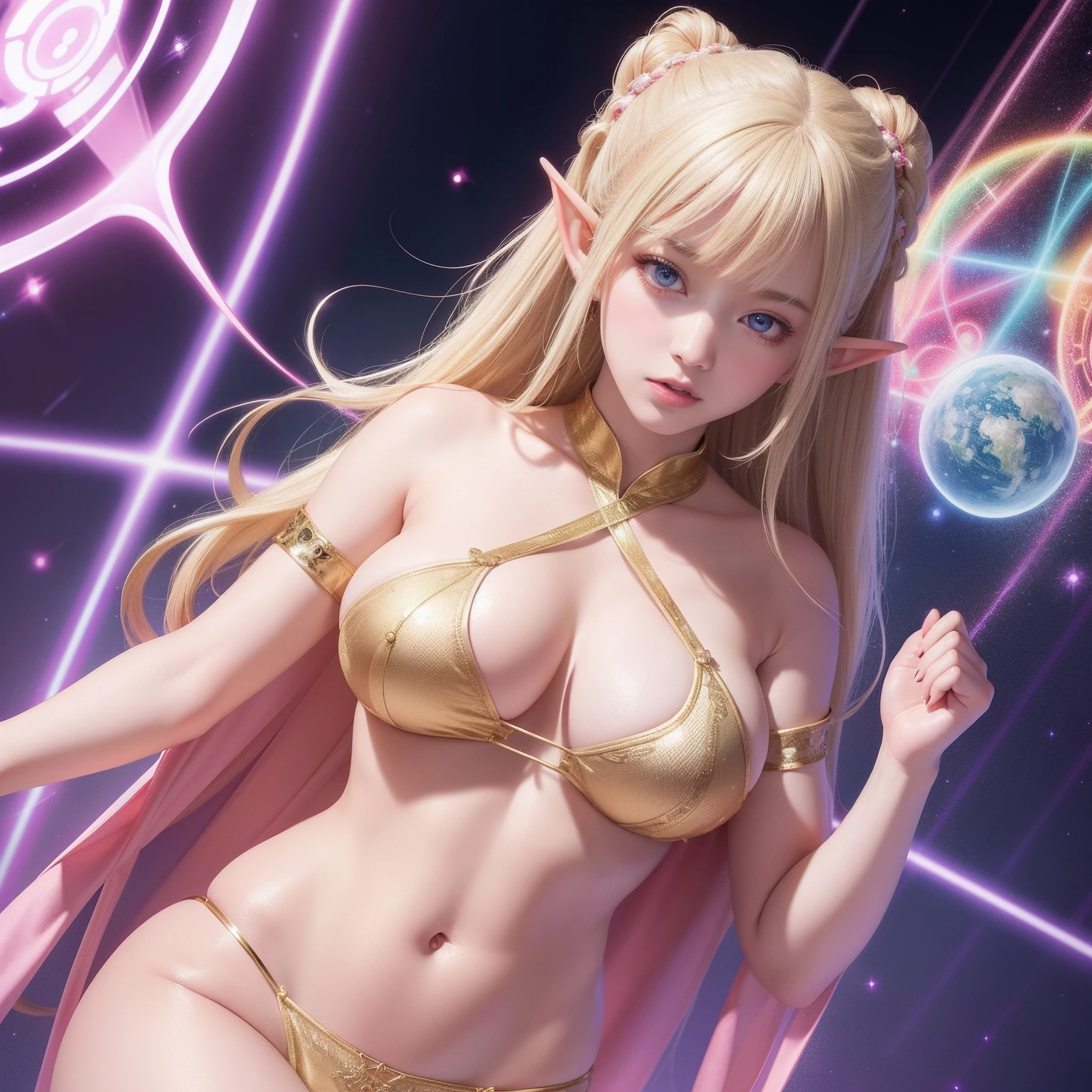 super high image, super detail, super high resolution, anime, manga, illustration, Japanese beautiful elf, blonde glossy french braid hair, sparkling shocking pink big eyes, red alluring moist thick lips, ecstatic expression, amorous expression, seductive look, large breasts, under boob, side boob, abs, great proportion, perfect proportion, slender, full body, tattoos, see-through lace robe, transparent, background fantasy, magic circle, give off rainbow and gold neon light many lines radially from floor and ceiling, professional lighting