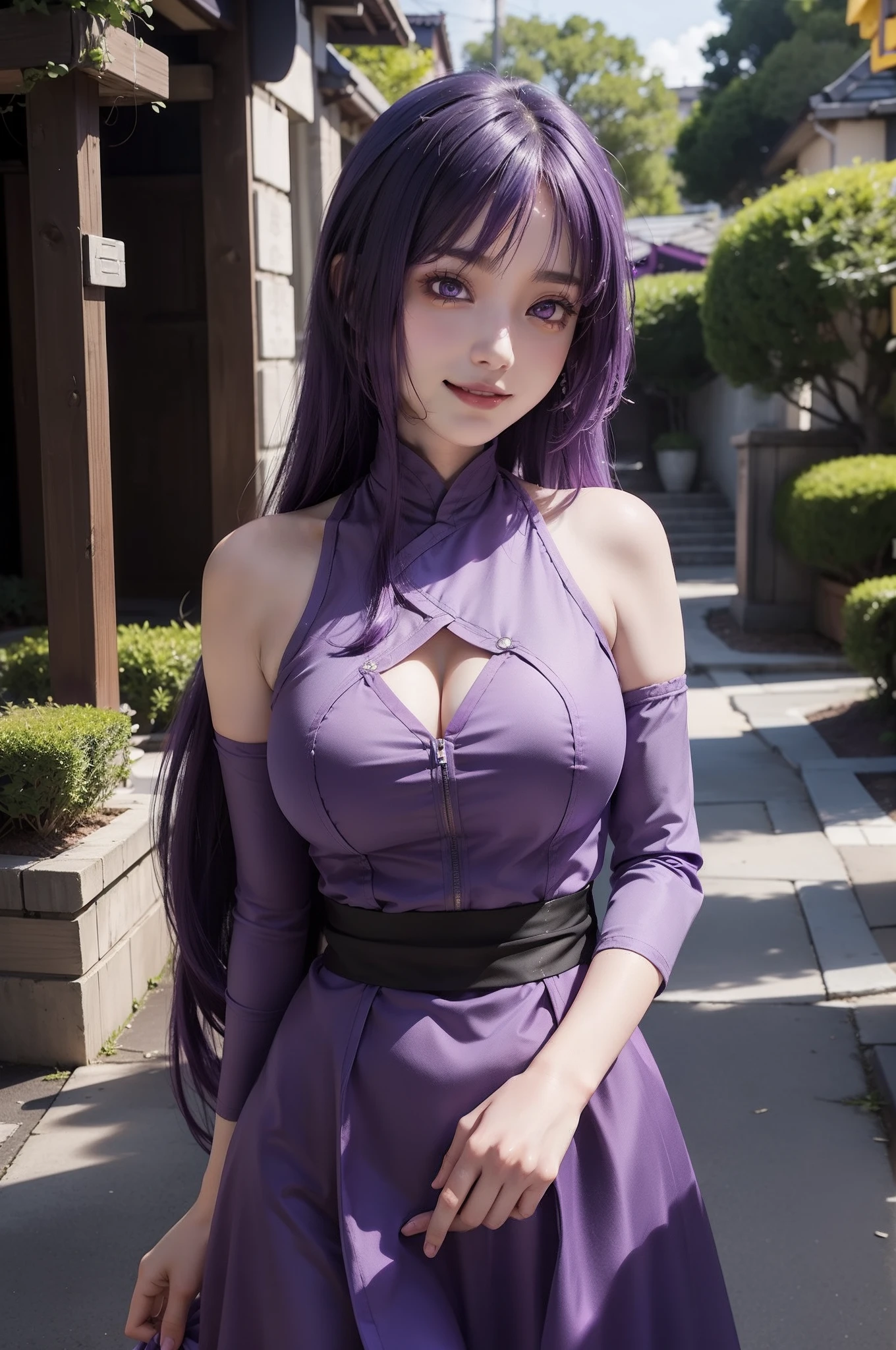 1girl, sumire in anime boruto, long hair, purple hair, purple eyes, smile, beautiful, sexy dress, sexy clothes, purple clothes, very big breast, realistic clothes, detail clothes, outdoor background, ultra detail, realistic