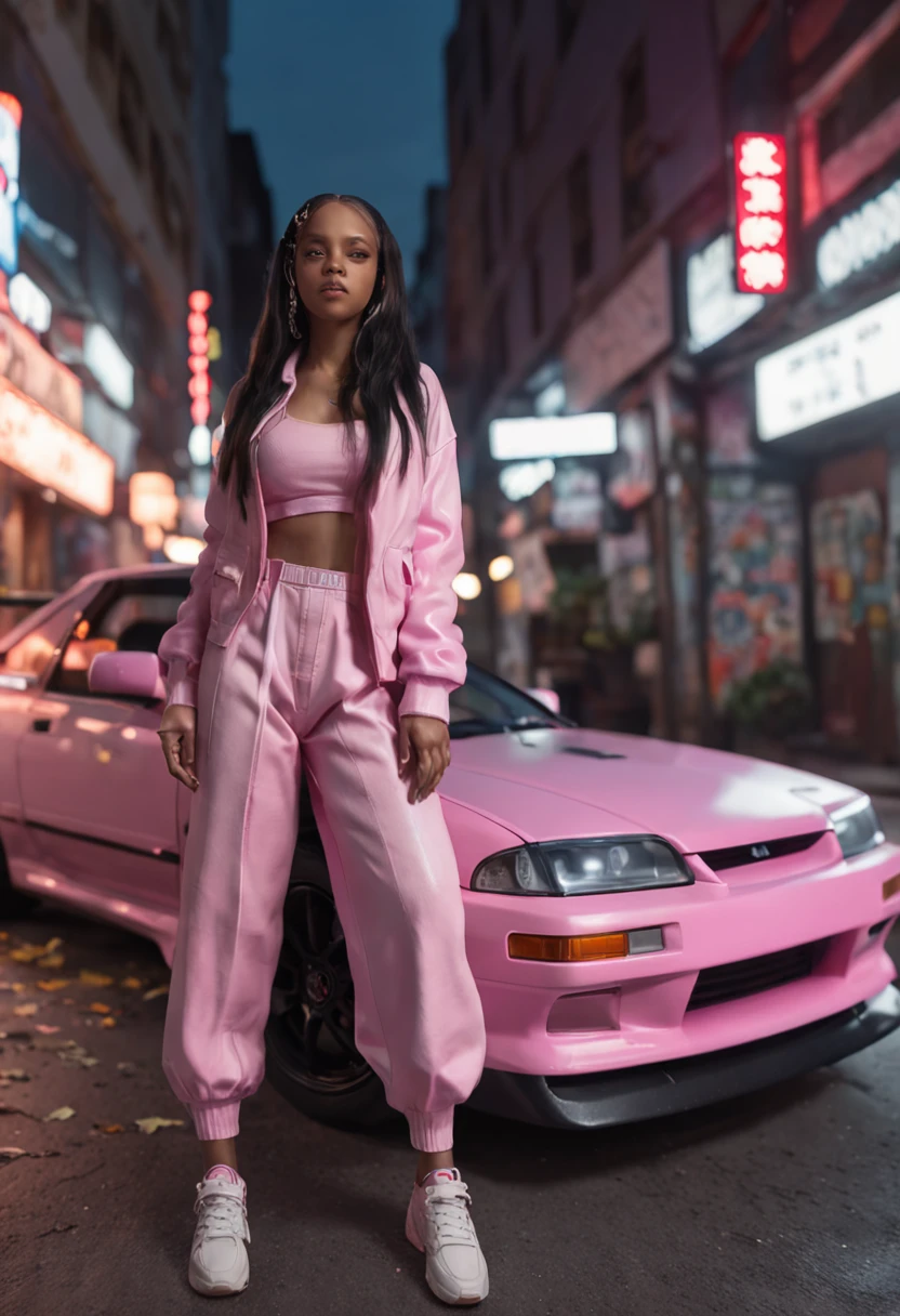 hyper realistic, view angle from the sky, ultra detailed full body shot of (((Jay-Z))) in Night City, Ultra perfectly detailed pink car Nissan Silvia s14, around road sakura trees, Cyberpunk theme, white hoodie, T-shirt, black skirt, necklace, high-future vibes, head to toe image, depth of field, hyper detailed gorgeous face, natural body posture, trending on Artstation, 64k, ultra detailed, ultra accurate detailed, surrealism, ultra unreal engine, epic, freckles, stomach, legs, feets