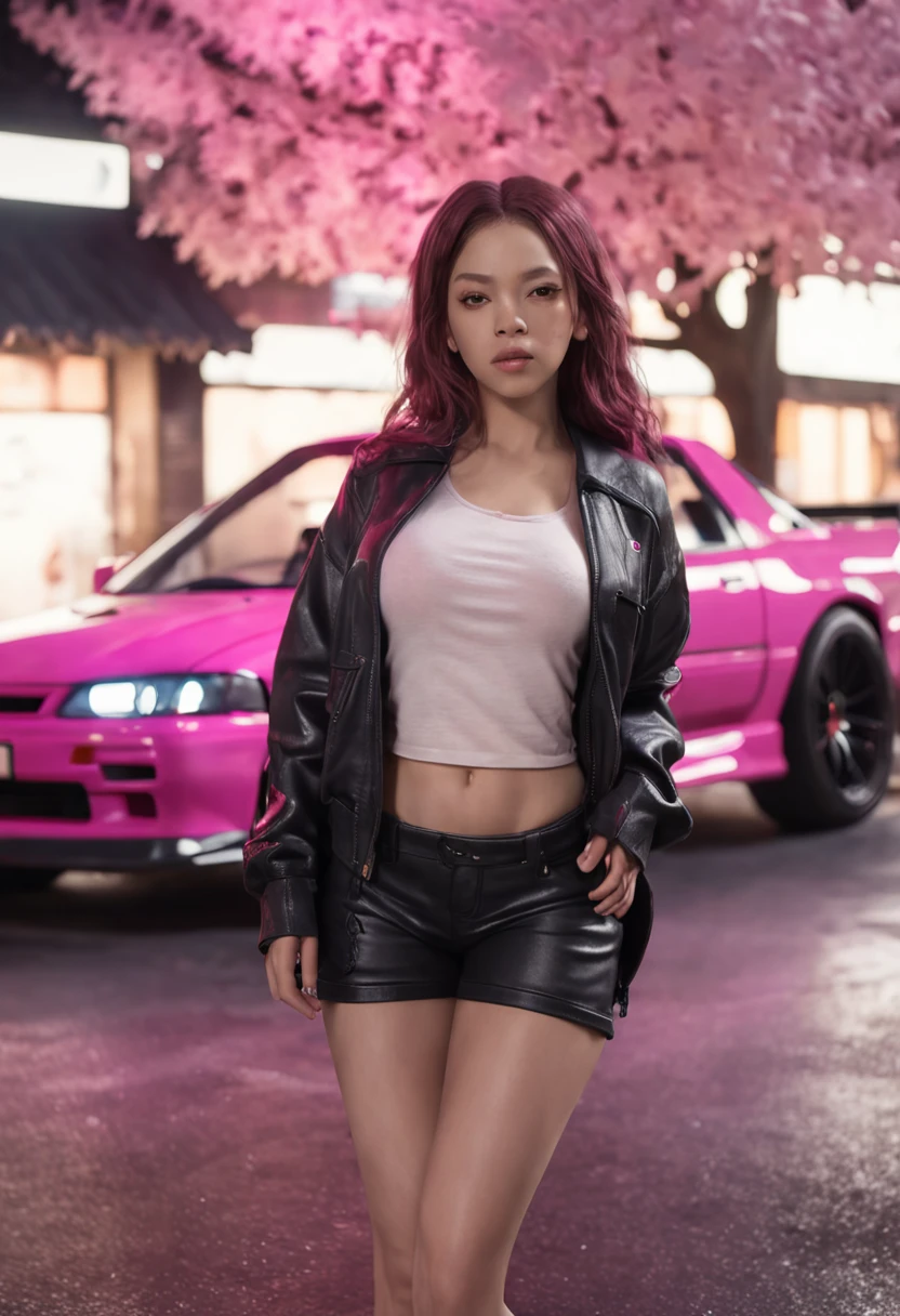 hyper realistic, view angle from the sky, ultra detailed full body shot of (((Jay-Z))) in Night City, Ultra perfectly detailed pink car Nissan Silvia s14, around road sakura trees, Cyberpunk theme, white hoodie, T-shirt, black skirt, necklace, high-future vibes, head to toe image, depth of field, hyper detailed gorgeous face, natural body posture, trending on Artstation, 64k, ultra detailed, ultra accurate detailed, surrealism, ultra unreal engine, epic, freckles, stomach, legs, feets