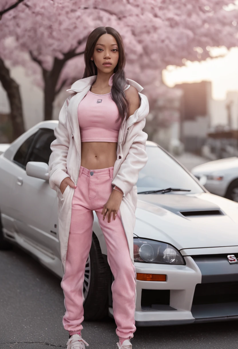 hyper realistic, view angle from the sky, ultra detailed full body shot of (((Jay-Z))) in Night City, Ultra perfectly detailed pink car Nissan Silvia s14, around road sakura trees, Cyberpunk theme, white hoodie, T-shirt, black skirt, necklace, high-future vibes, head to toe image, depth of field, hyper detailed gorgeous face, natural body posture, trending on Artstation, 64k, ultra detailed, ultra accurate detailed, surrealism, ultra unreal engine, epic, freckles, stomach, legs, feets