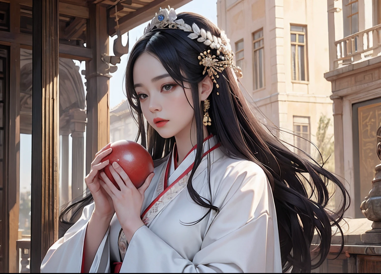 8K，tmasterpiece，Ultra-fine of the highest quality
Photo realism，Ancient Style Girl，a ball head，Hanfu，Bust photo，photographrealistic，Gorgeously dressed，Antique architecture，long whitr hair