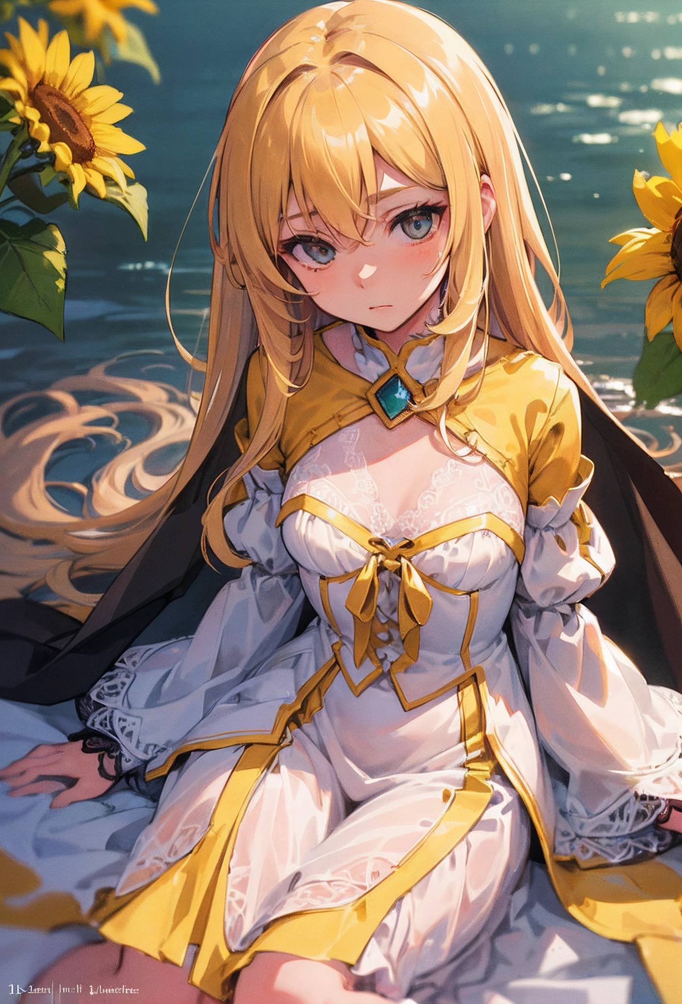 (Detailed illustrations,Very detailed and detailed drawing,Delicate lines with slow and rapid,Realistic texture expression,[[reallistic]]),[Color tressed main line],[Watercolor-style coloring],[Midsummer Park [by lake]],(anime Girl (Pretty) ) (Light yellow hair [Curly hair]) ((magical little girl)er] Katyusha) (long cape [tiered dress] (puff sleeves) [Lace Ruffled Ribbon] [Silk Fabric:0.8]),Transparency [Soft ambient light:0.6] gravure [Colorful],(Fine and beautiful skin expression [Transparency]),[Perfect eye details (Eyes beautifully drawn down to the smallest detail)],[long and beautiful eyelashes:0.4],[Fine hair details],(Perfect hand details),(Perfectly proportioned:1.2,Perfect Anatomy),[Ideal color coordination(Accurate simulation of light-material interactions)],(detaileds,high-detail)),([Precision Detail],HighQuality,hight resolution),[Eros in the Natural Body] [Visual art that conveys a sense of narrative] [[Full body like]].