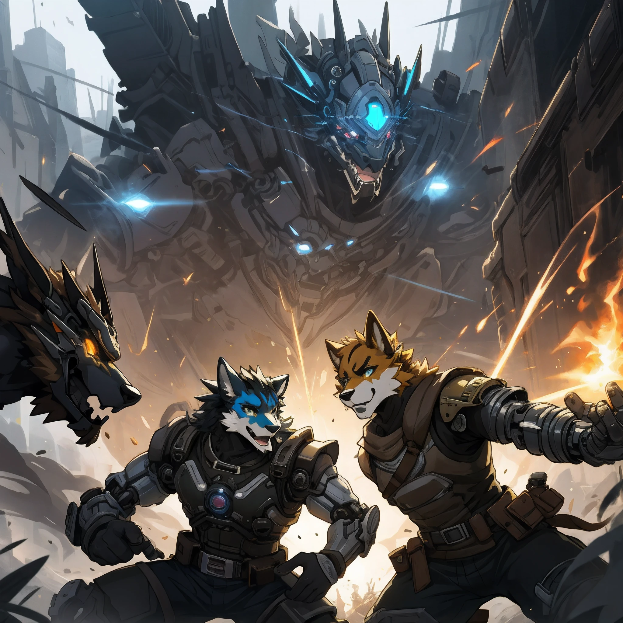 highres, top quality, best quality, paid reward available, High-quality illustrations, unparalleled masterpiece(battle movie of creatures and machine)Earth smoke, Cyberpunk, steam punk, Cybernetic guardian, 6+boys, 6+girls(furry anthro:1.7)absurdres(highly detailed beautiful face and eyes)perfect anatomy, expression, caustics, dynamic lighting, lens flare, deep shadow, assorted poses, dynamic angle,