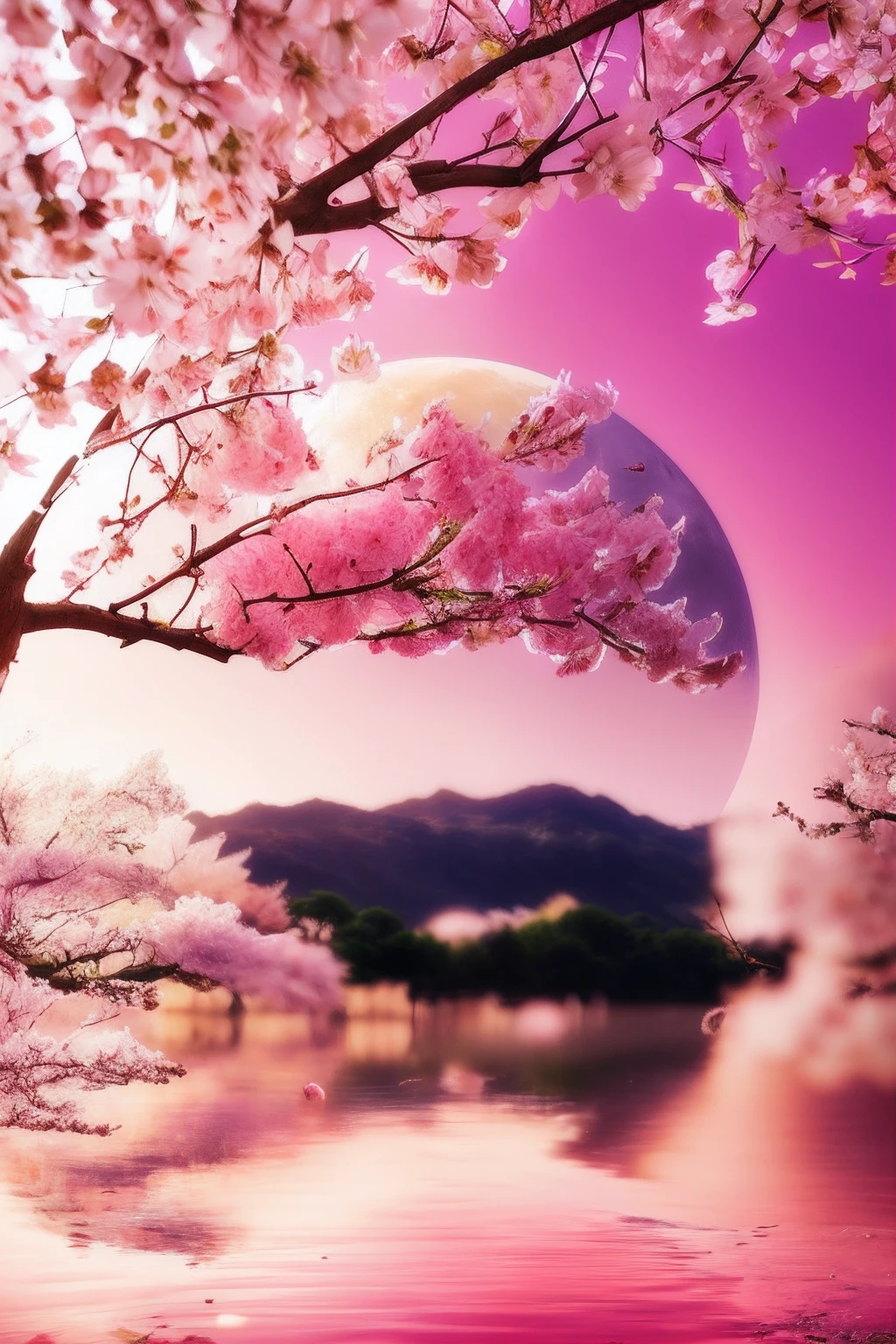There is a pink tree with pink flowers in the foreground, cherry blossom forest, The cherry tree, The cherry tree, pink landscape, Pink foggy planet in the forest, cherry blossom, lush sakura trees, sakura season, pink zen style, Pink moon, The cherry tree, The cherry tree, cherryblossom, pink forest, blossom sakura, dreamy scene, green grass々and cherry blossoms
