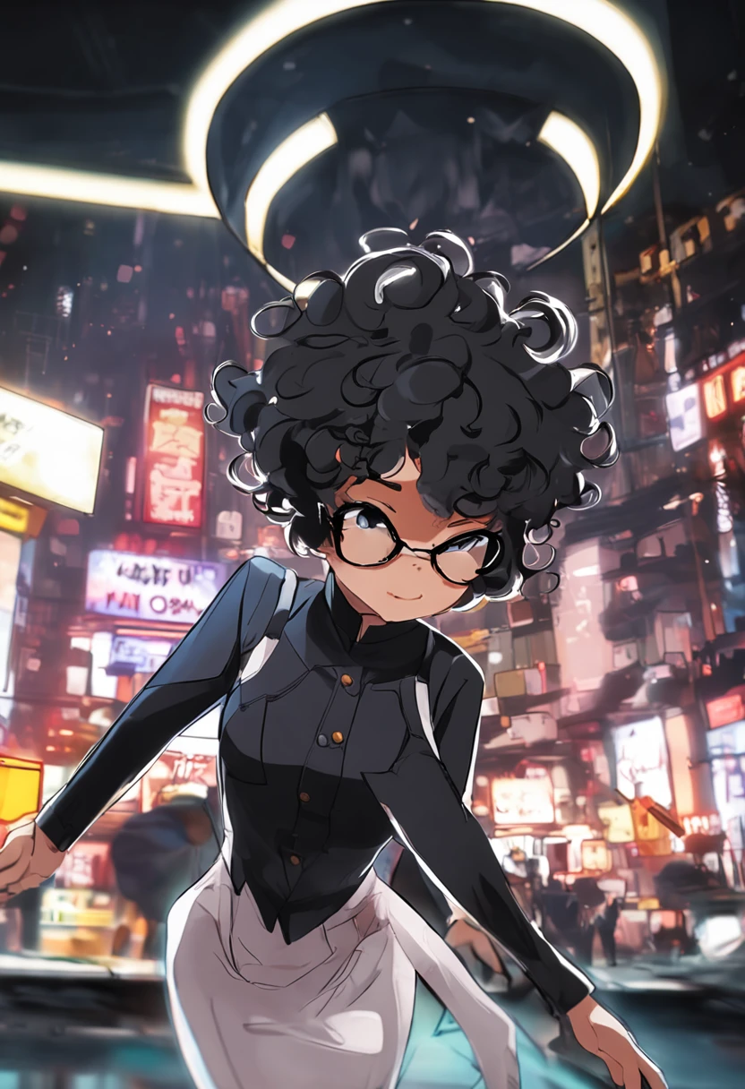 short black curly hair,ember,black-frame glasses,black uniforms,sideface,Persona 5