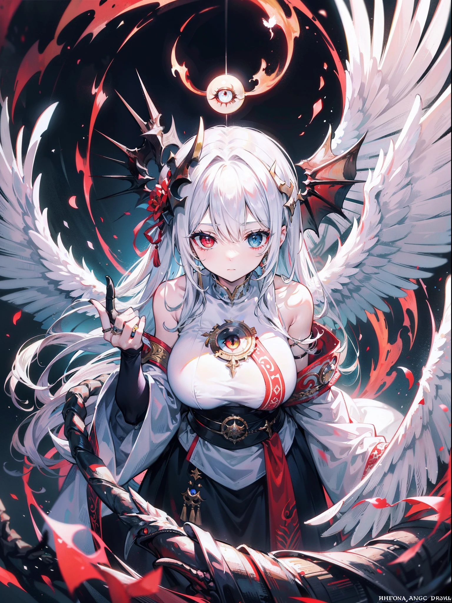 Monster angels that look sacred,His eyes are waiting for heterochromia,His whole body consists of a huge one-eyed eye,and a metal ring around one eye,The ring is crawling with the eyeball,The dragon has many wings on the white holy angel