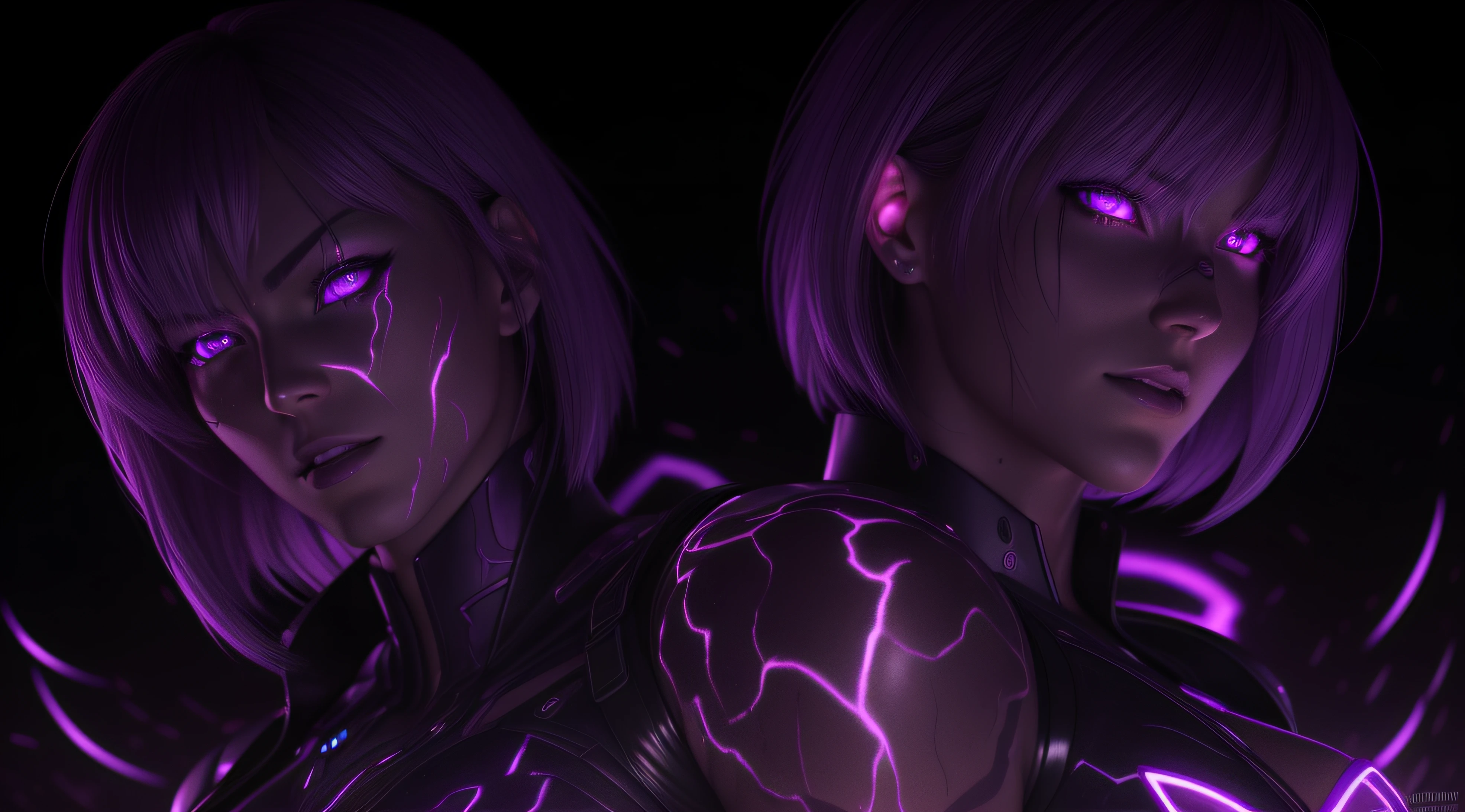 sexy motoko, Glow, seductive, glowing purple eyes , sexy , (ultra photorealistic:1.3), (masterpiece:1.4), best quality, ((realistic)), high quality, ultra detailed, ((real image)), ((realistic skin)), ((realistic face)),(illustration:1.05), (beautiful:1.05), (beautiful detailed eyes:1.05), (cinematic light:1.1), Extremely realistic , evil , wet ,corrupted , glowing veins ,parasites , dark energy , swarm, hive , grin , sadistic, portrait , purple glow ,possessed,