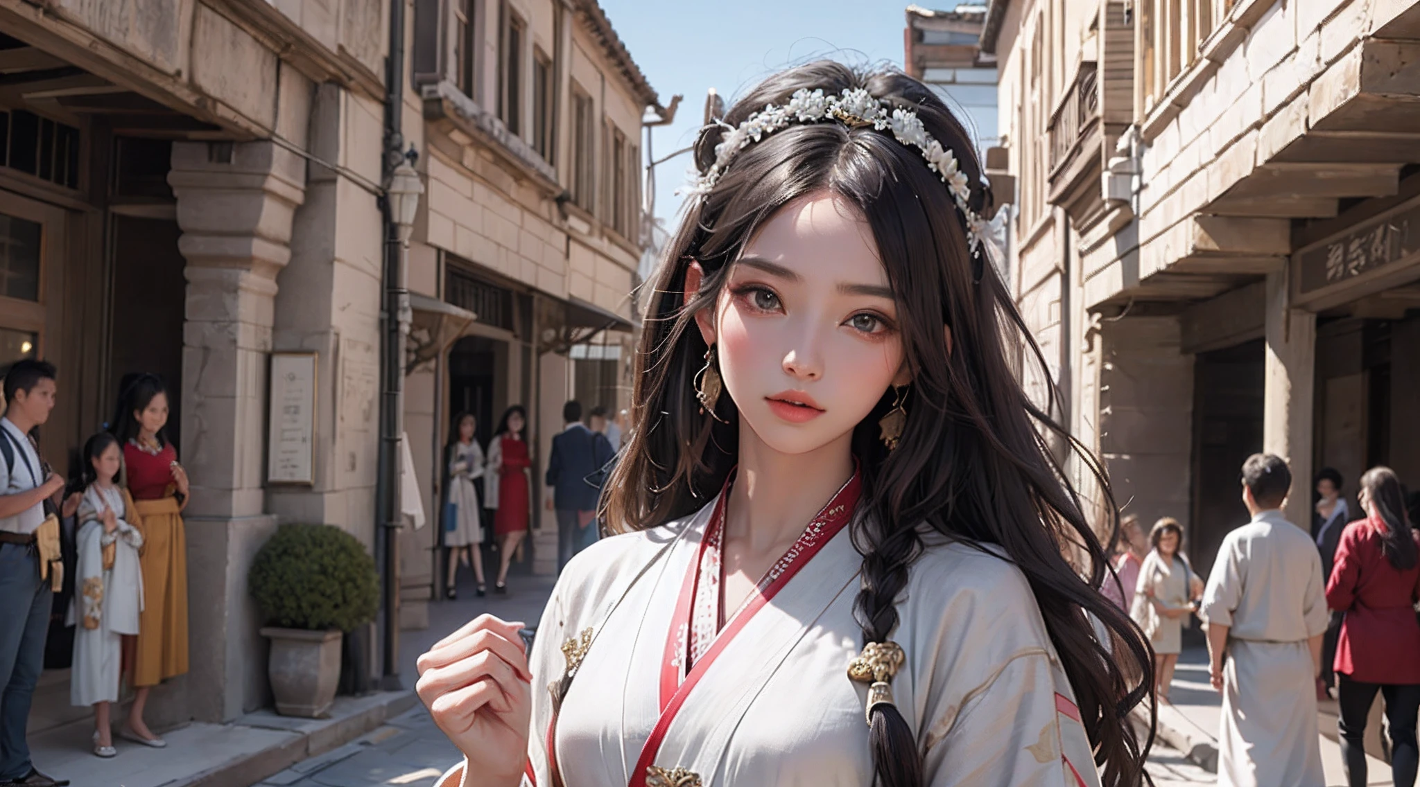 8K,tmasterpiece,Ultra-fine of the highest quality
Photo realism,Ancient Style Girl,a ball head,Hanfu,Bust photo,photographrealistic,Gorgeously dressed,Antique architecture,long whitr hair