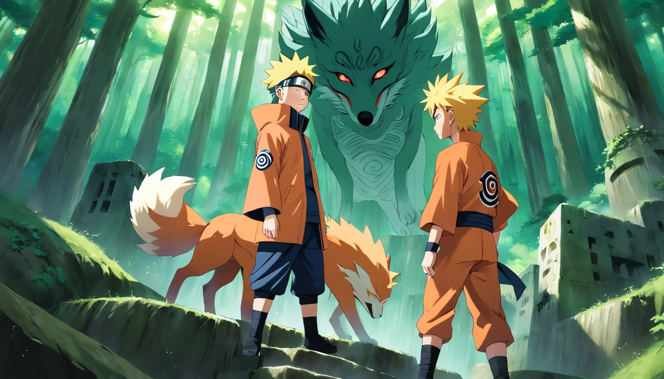 "Naruto Uzumaki training with Kurama, the Nine-Tailed Fox, amidst enchanting ancient ruins nestled in a vibrant and verdant emerald forest."