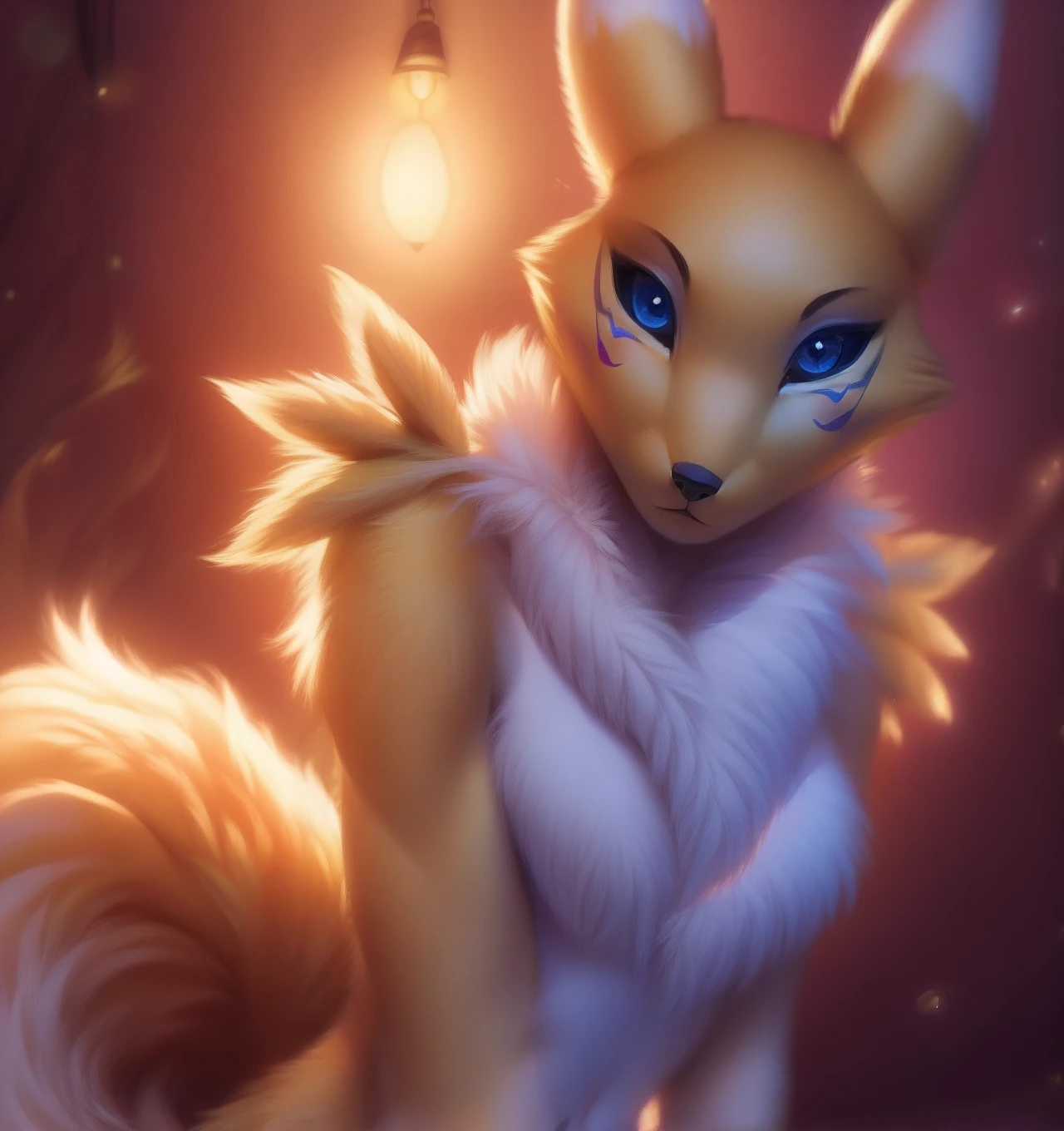 renamon, furry female, anthro, fox girl, portrait, solo, (body fur:1.2), (best quality), bedroom background, dark romantic lighting, (detailed fluffy fur:1.1), looking at viewer, blue eyes, featureless breasts,