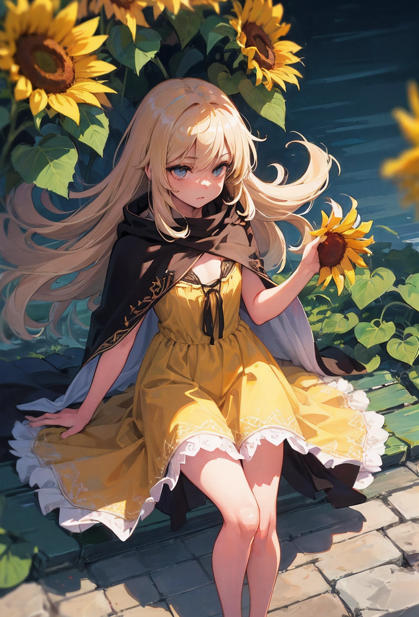 (Detailed illustrations,Very detailed and detailed drawing,Delicate lines with slow and rapid,Realistic texture expression,[[reallistic]]),[Color tressed main line],[Watercolor-style coloring],[Midsummer Park [by lake]],(anime Girl (Pretty) ) Light yellow hair ((magical little girl)nflower] Katyusha) (long cape [tiered dress] (puff sleeves:0.6) [Lace Ruffled Ribbon] [Silk Fabric:0.8]),Transparency [Soft ambient light:0.6] gravure [Colorful],(Fine and beautiful skin expression [Transparency]),[Perfect eye details (Eyes beautifully drawn down to the smallest detail)],[long and beautiful eyelashes:0.4],[Fine hair details],(Perfect hand details),(Perfectly proportioned:1.2,Perfect Anatomy),[Ideal color coordination(Accurate simulation of light-material interactions)],(detaileds,high-detail)),([Precision Detail],HighQuality,hight resolution),[Eros in the Natural Body] [Visual art that conveys a sense of narrative] [[Full body like]].