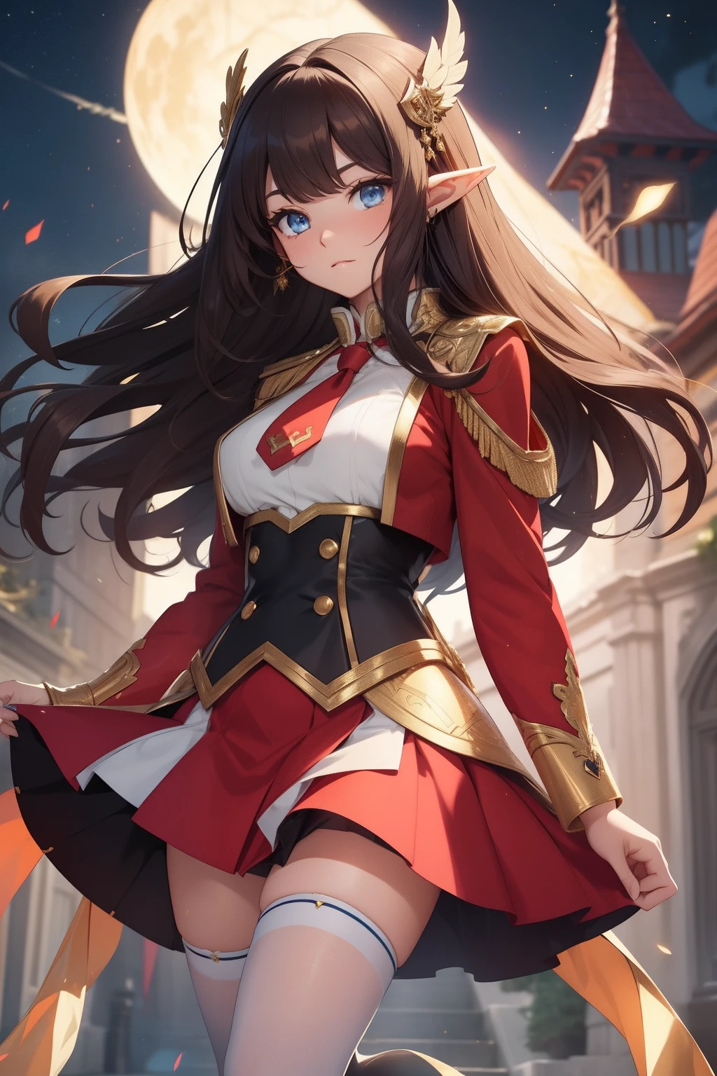 **1 elf woman**,**long dark brown hair**, **hime cut**, **light blue eyes**, **high definition**,**finely detailed**, **Dynamic Pose and Full Length**, **standing**, **Dark Red Jacket and Gold Details open**, **White Blouse (open) and Blue Tie**, **medium breasts**, **Red Skirt with Gold Trims**, ** upskirt**, **White Stockings and Classic Shoes**, **hime cut**, **Look of Curiosity and Determination**, **Touch of Elegance with the Golden Bow**, **Playful Details on Shoulders and Cuffs**, **Adventure Fund**