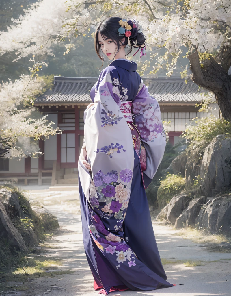 (Beautiful model in Japanese kimono commercial, beautiful straight long black hair), solo, ((face is 80% beauty and elegance, 20% pretty and cute:1.5)), clear eyes, (detailed eyes, light green eyes, bright pupils), Double Eyelids, (sexy lips with a little thickness:1.2), ((super detailed and incredibly high resolution Deep-purple Kimono:1.2)), Highly Detailed Face Texture, striking body shape, curvy and very attractive woman, high-resolution RAW color photo pro photo, BREAK ultra high-resolution textures, High-res body rendering, big eyes, unparalleled masterpiece, incredible high resolution, super detailed, stunning ceramic skin, BREAK ((Facing back to show the pattern of the Kimono:1.5)), ((Wearing a Yohen-Tenmoku kimono that uses a lot of glittering Deep-purple:1.5)), ((The main color is Deep-purple and the Yohen-Tenmoku Kimono has very colorful embroidery:1.2)), (Half-collar and Obi are White) ,(elaborately made classical Japanese Yohen-Tenmoku Kimono), ((The embroidery pattern is a Yohen Tenmoku pattern reminiscent of outer space):1.2), ((elaborately and elegantly decorated Deep-purple Kimono)), (Taken in front of a round fusuma window in a Japanese-style room)) BREAK ((Best Quality, 8k)), Crisp Focus:1.2, (Layer Cut, Big:1.2), (Beautiful Woman with Perfect Figure:1.4), (Beautiful and elegant rear view:1.3), Slender waist, (Correct hand shape:1.5), (Full body shot | cowboy shot)
