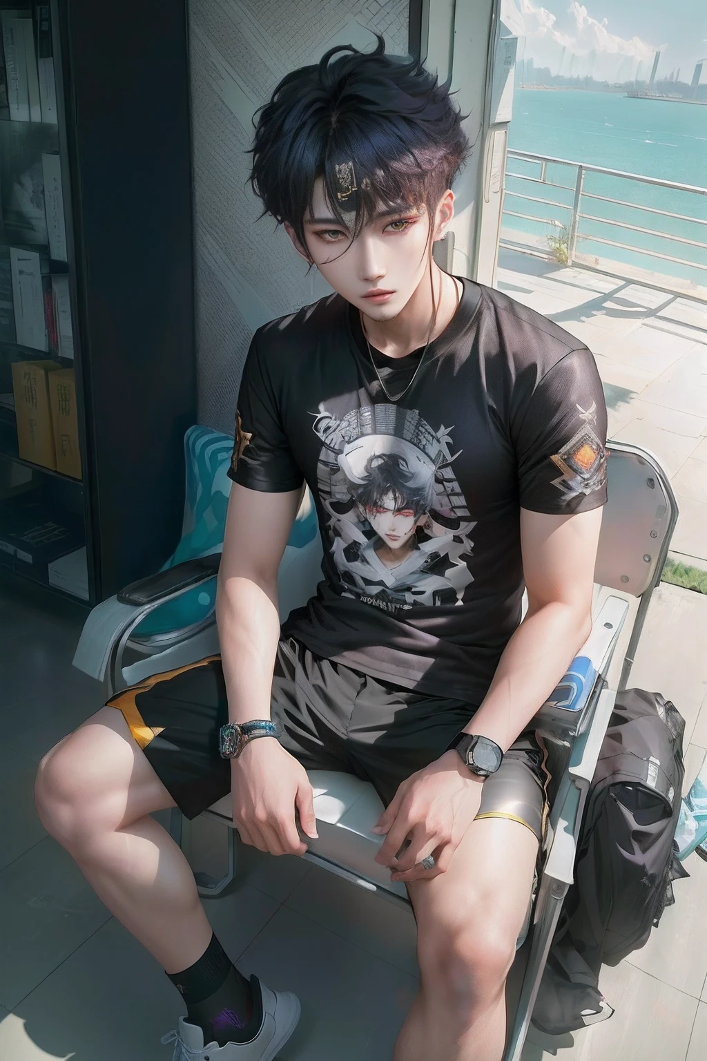 There was a man sitting in a chair with a book, Cai Xukun, handsome japanese demon boy, Male ulzzang, yanjun cheng, Inspired by Zhang Han, inspired by Yanjun Cheng, inspired by Gong Xian, wearing cyberpunk streetwear, Guviz, xintong chen, he is wearing a black t-shirt, inspired by Ren Xiong