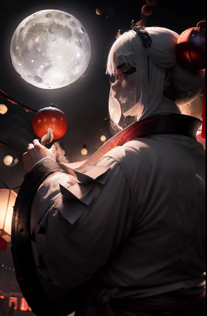 Chinese Ghost Festival,(Huge full moon background:1.5),the night,Starlight,(Square white paper lantern:1.2)