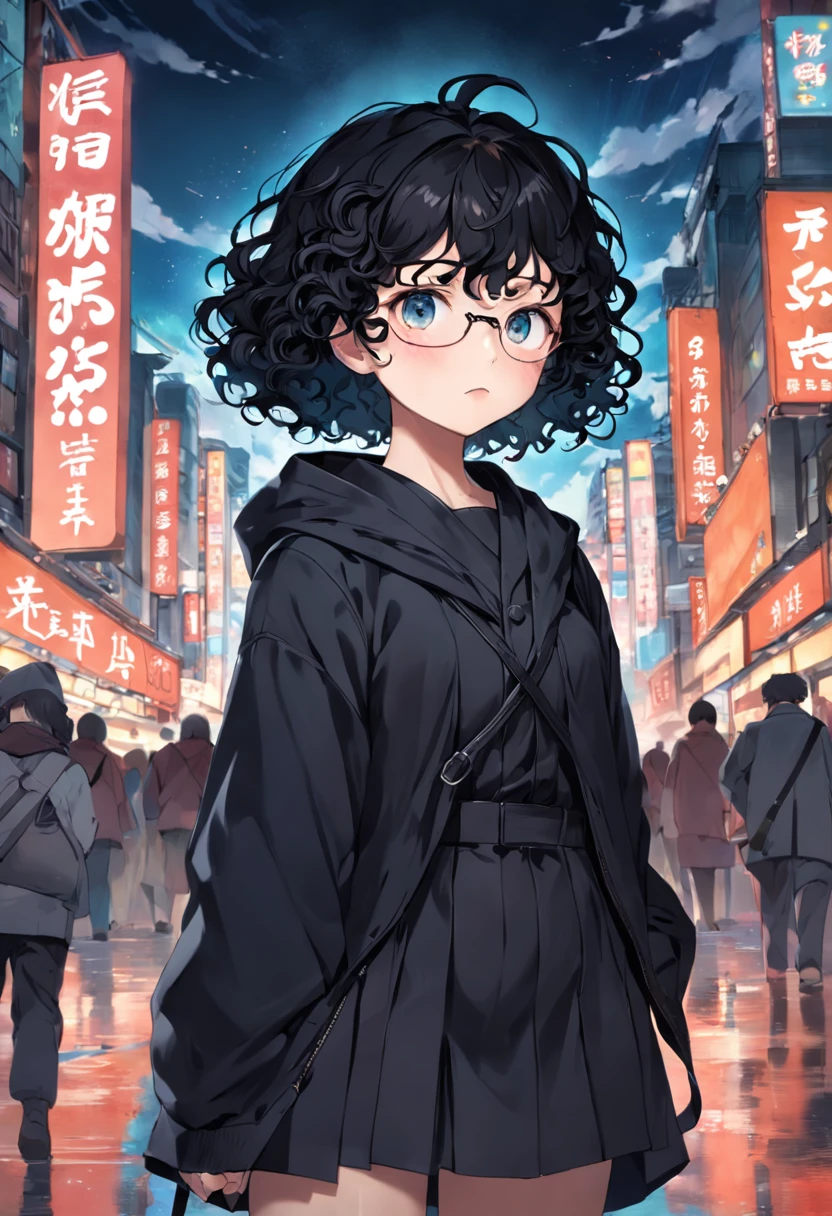 short black curly hair,ember,黑The eye,black-frame glasses,black uniforms,carryng bag,There is a cow cat in the handbag