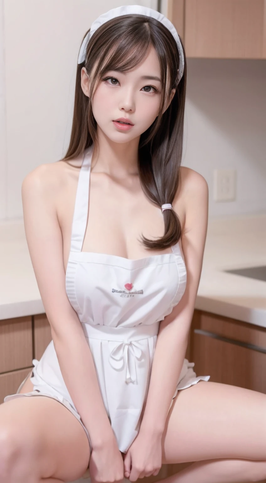 ((top Quority,8K,tmasterpiece:1.3)),Raised chest,Raised breasts cleavage ,The apron is tight,1 Beautiful Japanese girl,Beauty with slender abs:1.3,(pony tails,The large:1.2),(White naked apron:1.3),Super detailed face,Detailed eyes,二重まぶた,Kitchen background,Large breasts,Slim figure,Pale skin,Mouth open,Standing or lying down or squatting or sitting,Raised Legs,Casual pose,Eyeballs rolled up,Mouth open,Sweet smile