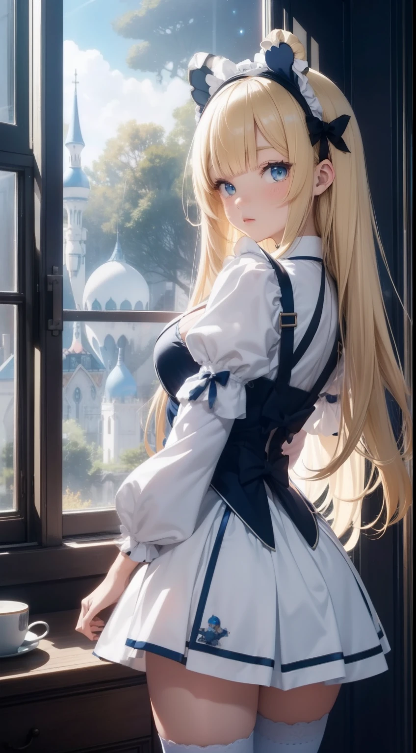 Charles Robinson Anime　wondrous　strange　Whimsical　Sci-Fi Fantasy　alice in the wonderland　Room at home　super miniskirt maid outfit alice　Outside the window the galaxy and big Saturn、You can see the space station　Stuffed bear in the air indoors、Floating books, etc.　solo girl, sweet innocent beautiful face, blonde girl, large breasts large ass, hyperdetailed high resolution masterpiece