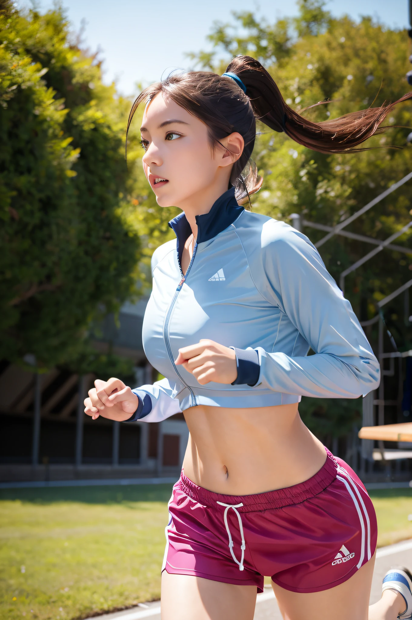 1 girl, solo, running, Gray Track Top, pink shorts, ponytail, athletic build, dynamic brushstrokes, fluid movement, capturing the essence of her athleticism and energy, using light colors and soft tones to create a dreamy and ethereal atmosphere, portraying the motion and grace of running, showing the wind blowing her ponytail and clothes, and the scenery of her surroundings. asahina mikuru, kita high
outdoors, detailed background, Modern metropolis,