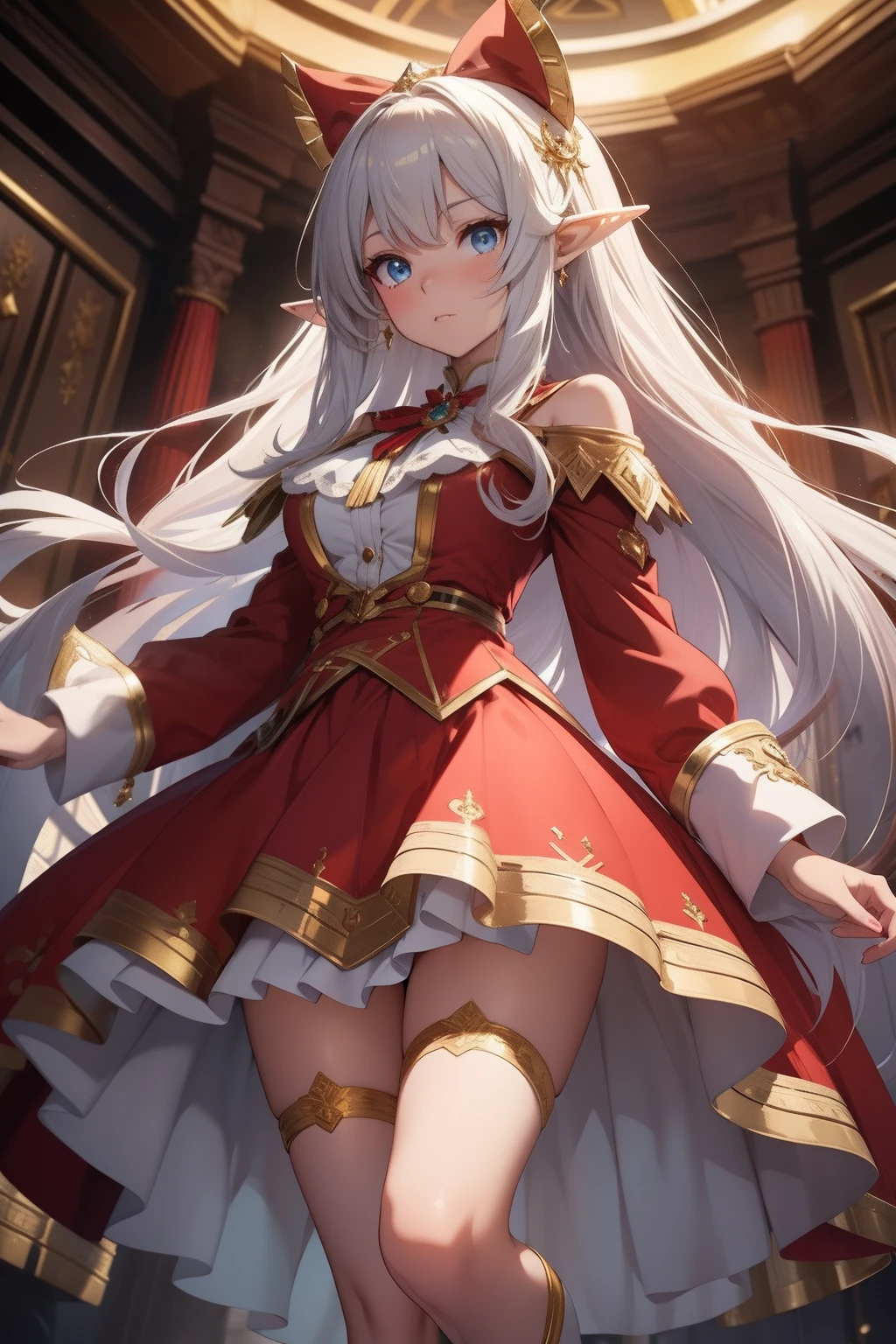 **1 elf woman**,**long dark brown hair**, **hime cut**, **light blue eyes**, **high definition**,**finely detailed**, **Dynamic Pose and Full Length**, **standing**, **Dark Red Jacket and Gold Details open**, **White Blouse (open) and Blue Tie**, **medium breasts**, **Red Skirt with Gold Trims**, ** upskirt**, **White Stockings and Classic Shoes**, **hime cut**, **Look of Curiosity and Determination**, **Touch of Elegance with the Golden Bow**, **Playful Details on Shoulders and Cuffs**, **Adventure Fund**