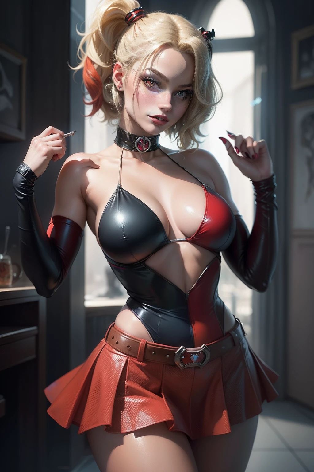 ((masterpiece, best quality)), harley quinn,margot robbie,mini skirt,sexy,curvy body,detailed face,perfect eyes,detailed hands,hands up,light background,mix of fantasy and realistic elements,vibrant manga,uhd picture , crystal translucency, vibrant artwork