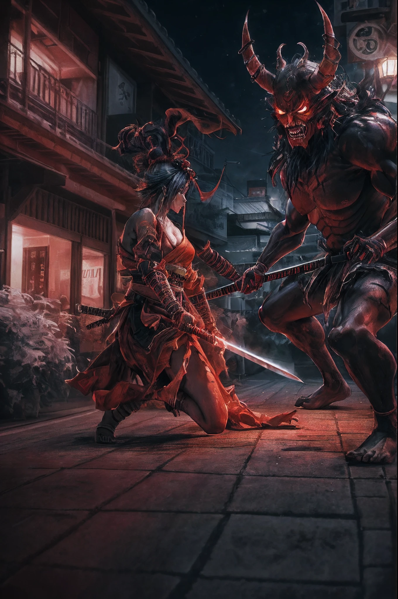 there is a woman samurai trying to stop a red skinned demon in the streets at night Ultra-Wide Angle, high detail, award winning, best quality, HD, 16K, 3D rendering, high details, best quality, highres, ultra wide angle, 3D rendering, [[anatomically correct]]