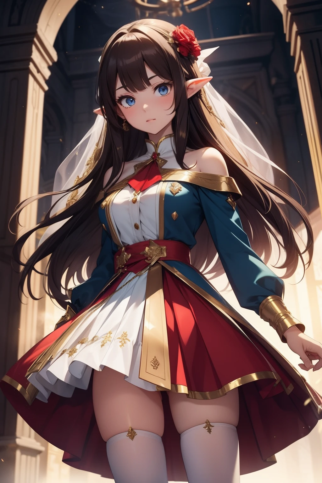 **1 elf woman**,**long dark brown hair**, **hime cut**, **light blue eyes**, **high definition**,**finely detailed**, **Dynamic Pose and Full Length**, **standing**, **Dark Red Jacket and Gold Details open**, **White Blouse (open) and Blue Tie**, **medium breasts**, **Red Skirt with Gold Trims**, ** upskirt**, **White Stockings and Classic Shoes**, **hime cut**, **Look of Curiosity and Determination**, **Touch of Elegance with the Golden Bow**, **Playful Details on Shoulders and Cuffs**, **Adventure Fund**