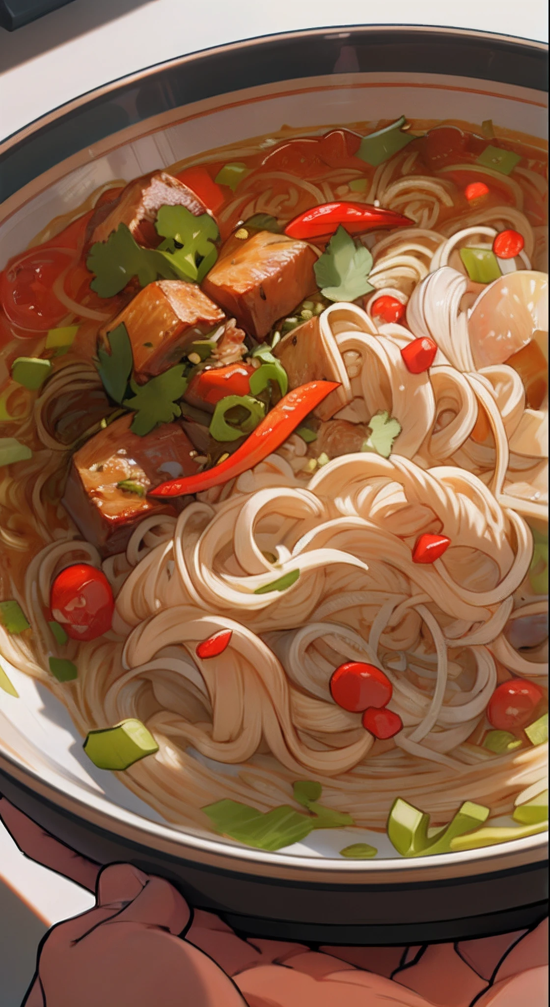 Close-up of a bowl of Chinese noodles,There are pickled peppers inside, Colorful animation stills style, sci fi anime, Dark red and dark amber, Qian Xuan, organic sculpting, accurate and detailed, Anime core ,32k ULTRAHD, Best quality, Masterpiece, Super detail, High details