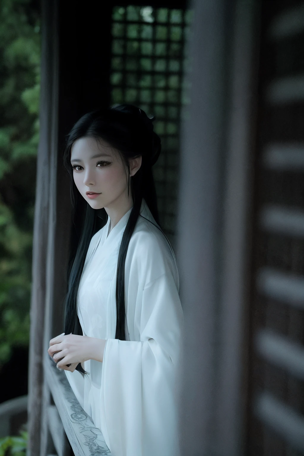 Arad woman in white dress standing on the balcony, Palace ， A girl in Hanfu, White Hanfu, Hanfu, inspired by Gu An, with acient chinese clothes, flowing hair and long robes, Wearing ancient Chinese clothes, Inspired by Tang Yifen, flowing white robe, flowing white robe, inspired by Zhu Derun