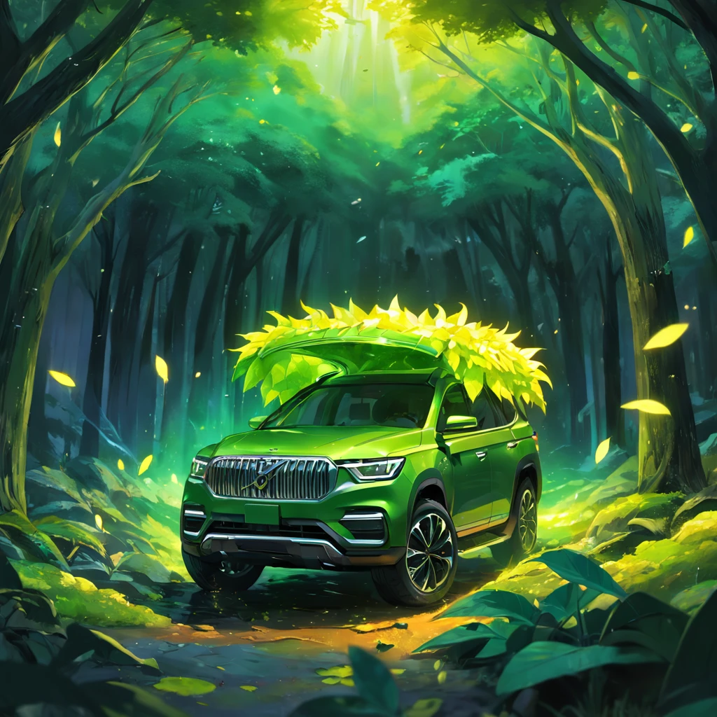 3D photo realistic ray SUV car. Detailed green and yellow leaves.  environment friendly, Green luminescent crystals. Evolving forest isometric blocks，A glittering spectacle