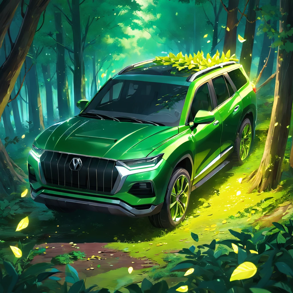 3D photo realistic ray SUV car. Detailed green and yellow leaves. environment friendly, Green luminescent crystals. Evolving forest isometric blocks,A glittering spectacle