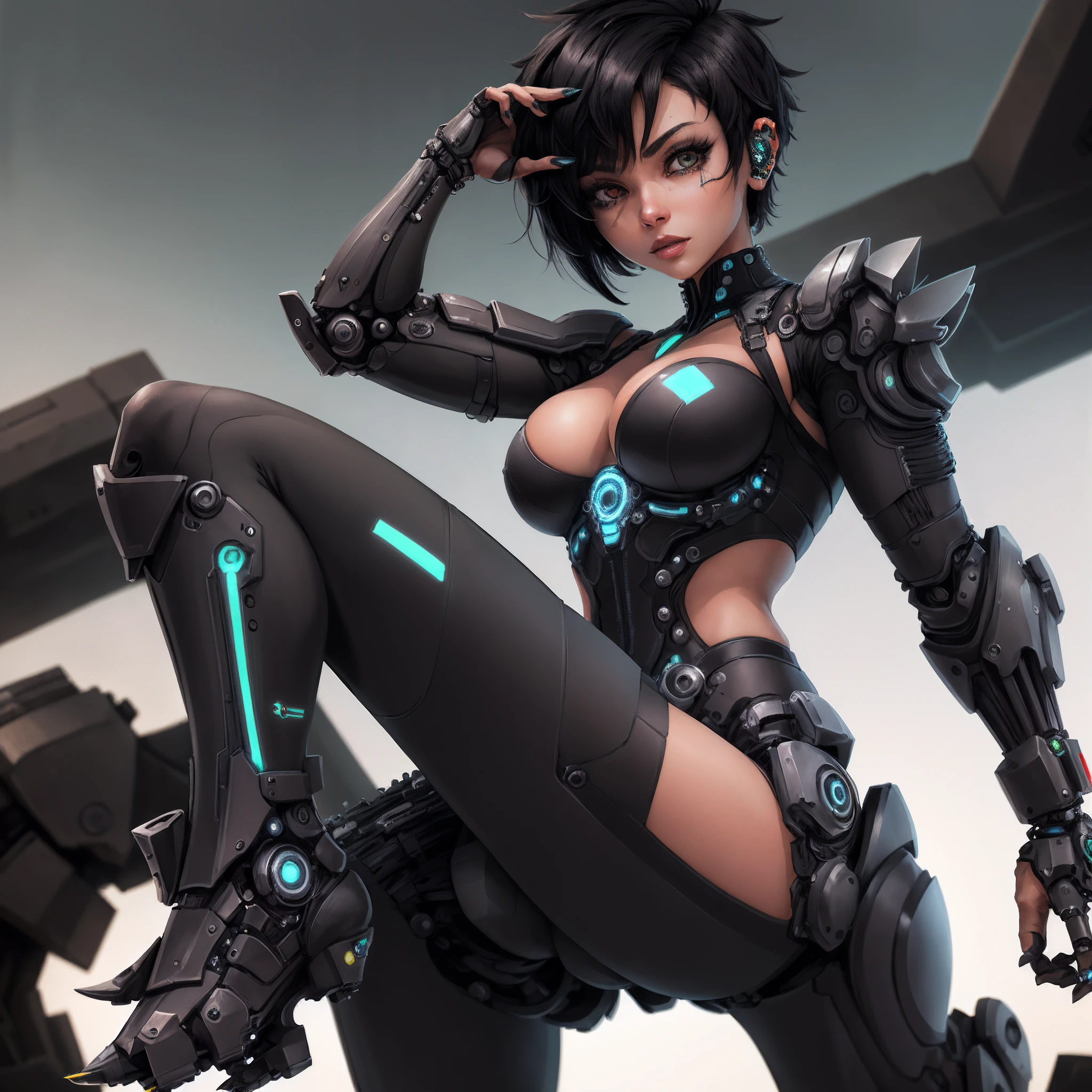 Futuristic character with mechanical body and short black hair, ela tem as unhas grandes como garras de ferro e uma roupa branca e roxa colada sobre seu corpo