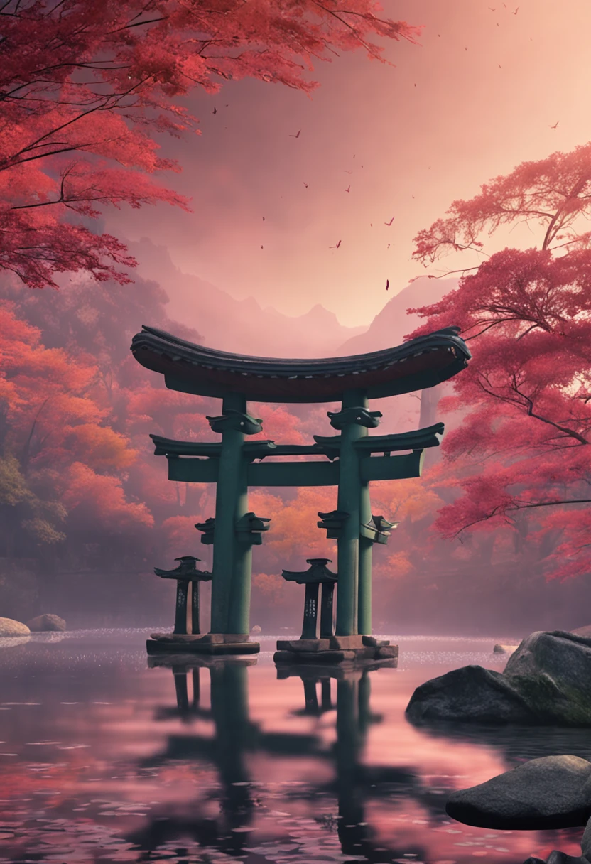 torii gate、stone、Three pillars、Built on a pond