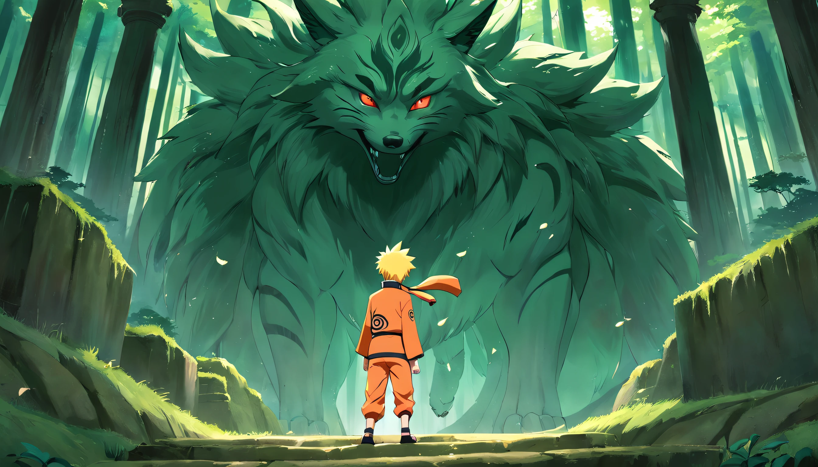 "Naruto Uzumaki training with Kurama, the Nine-Tailed Fox, amidst enchanting ancient ruins nestled in a vibrant and verdant emerald forest."