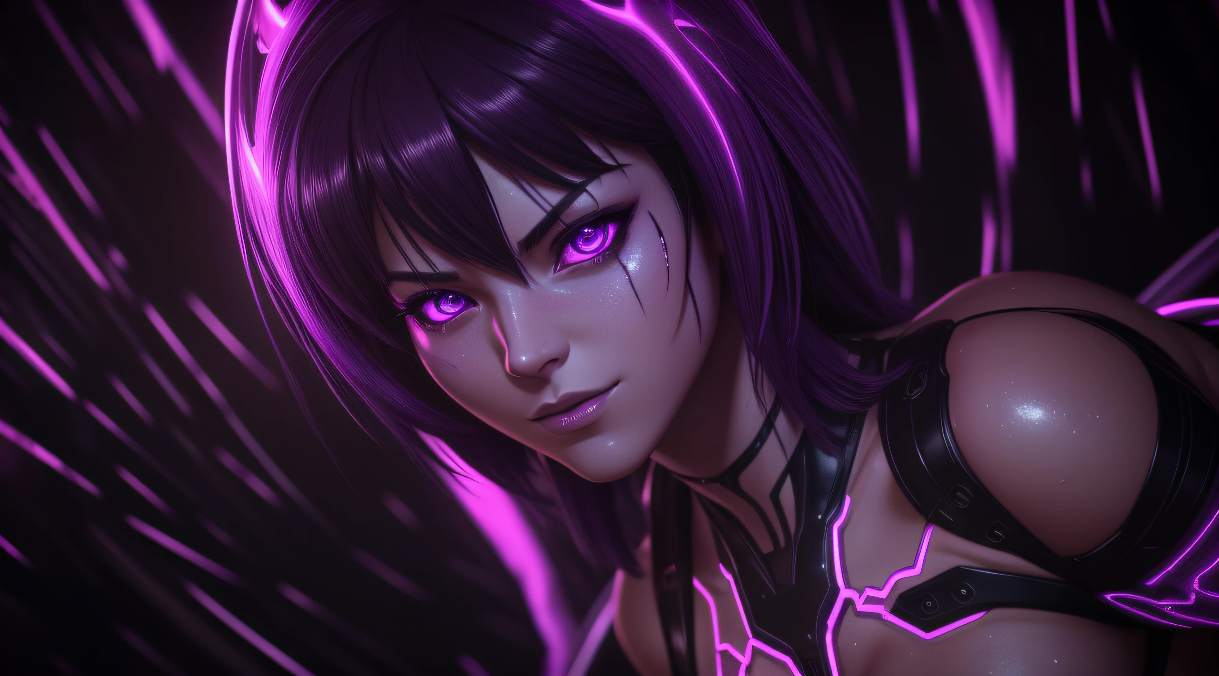 sexy motoko, Glow, seductive, glowing purple eyes , sexy , (ultra photorealistic:1.3), (masterpiece:1.4), best quality, ((realistic)), high quality, ultra detailed, ((real image)), ((realistic skin)), ((realistic face)),(illustration:1.05), (beautiful:1.05), (beautiful detailed eyes:1.05), (cinematic light:1.1), Extremely realistic , evil , wet ,corrupted , glowing veins ,parasites , dark energy , swarm, hive , grin , sadistic, portrait , purple glow ,possessed, portrait