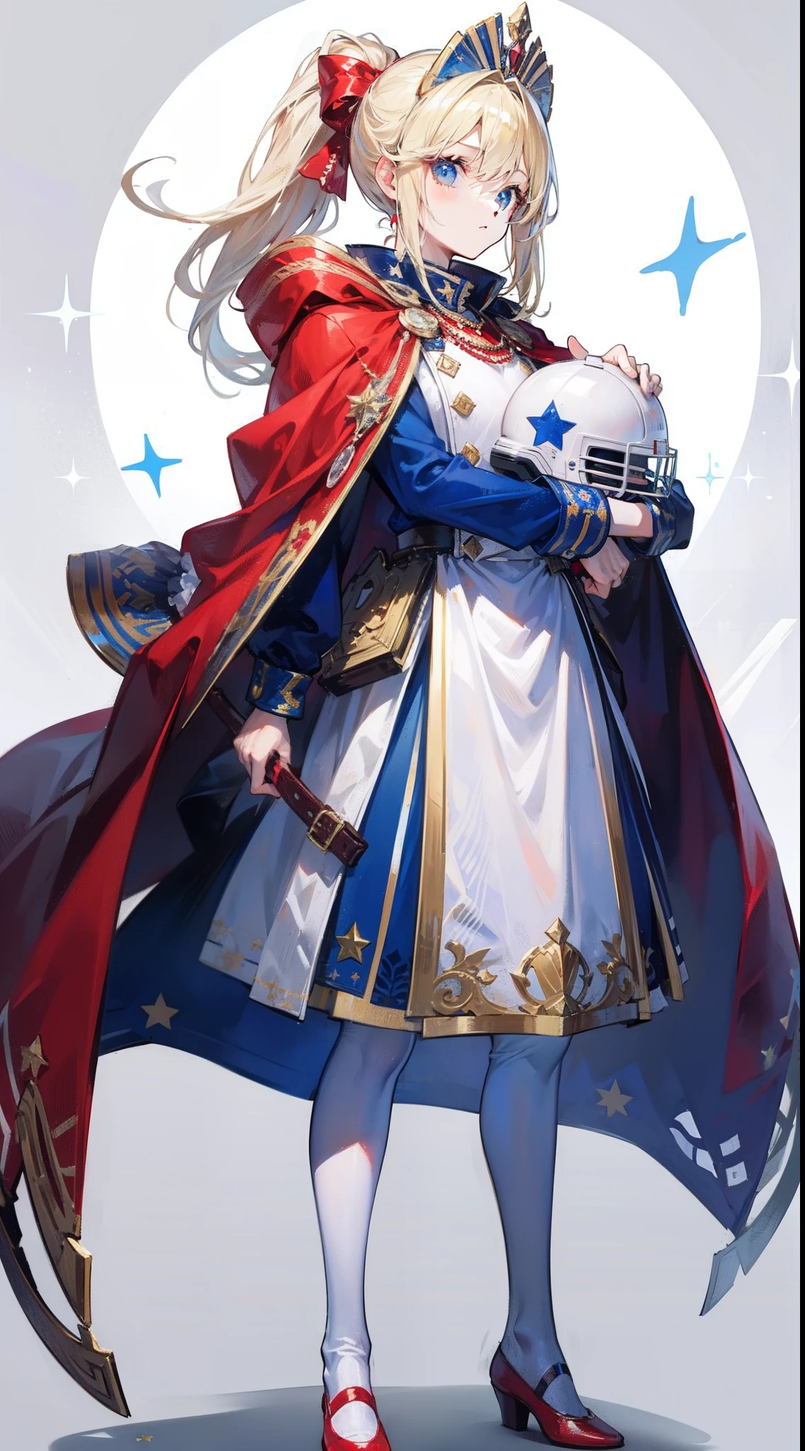 Blonde single ponytail，eBlue eyes，With a white helmet，There is a blue star on the helmet，Reveals a single ponytail，warriors，Red cape，Red shoes，Red, white and blue clothes