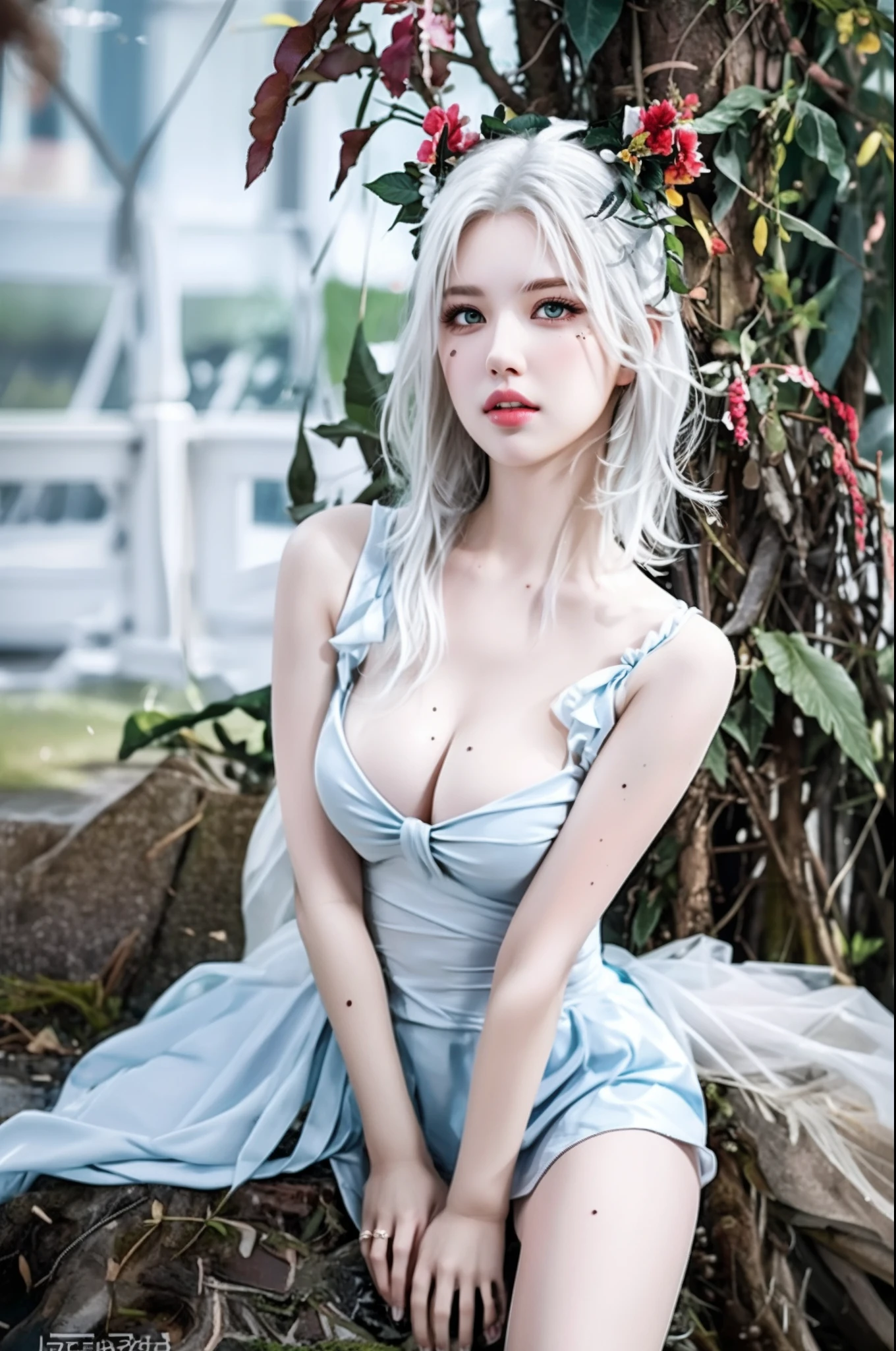 (hyperrealistic), (illustration), (high resolution), (8K), (extremely detailed), (best illustration), (beautiful detailed eyes), (best quality), (ultra-detailed), (masterpiece), (wallpaper), (photorealistic), (natural light), (rim lighting), (detailed face), high detailed realistic skin texture, anatomically correct, solo, 1girl, (high detailed realistic short hair), (white hair:1.3), (heterochromic eyes), (detailed green eyes), (small moles under the eyes), (realistic huge breasts:1.3), (cleavage), (bare shoulders), (long legs), (tight abs), (dynamic pose), (closed lips:1.3), (full body),